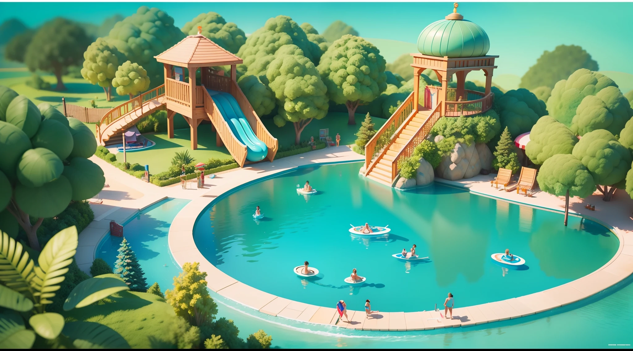There is a poster with water park, water park, detailed 3D illustration, highly detailed watercolor 8 K, highly detailed 8K, water world, traditional art, commercial illustration, game illustration, modeling 3D art style, summer swimming party, featured art, official fan art, colorful