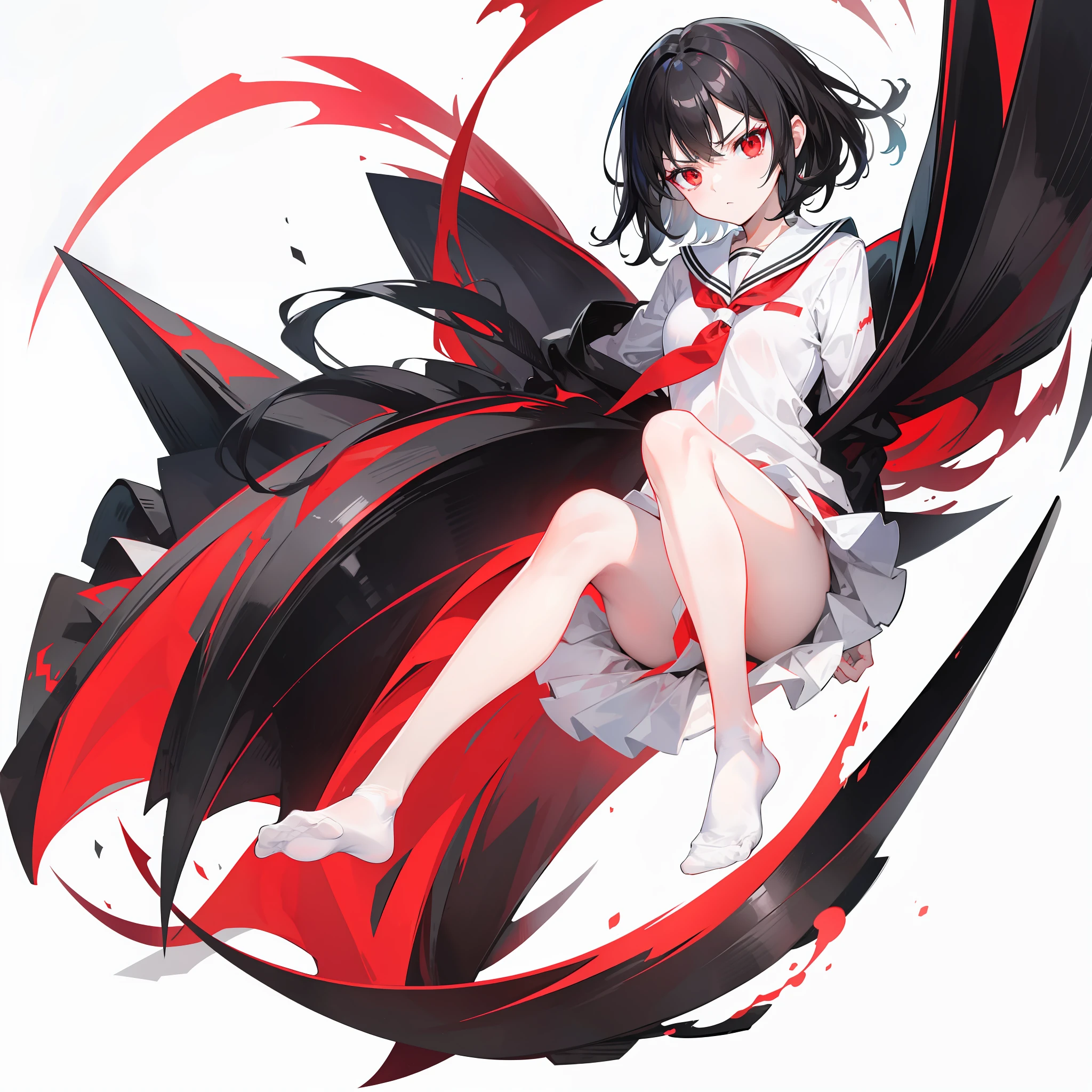 Black hair, Red eyes, Sharp eyes, White school uniform, School background, Angry, Petite body, No shoes, Low camera, Step on the viewer, Low angle