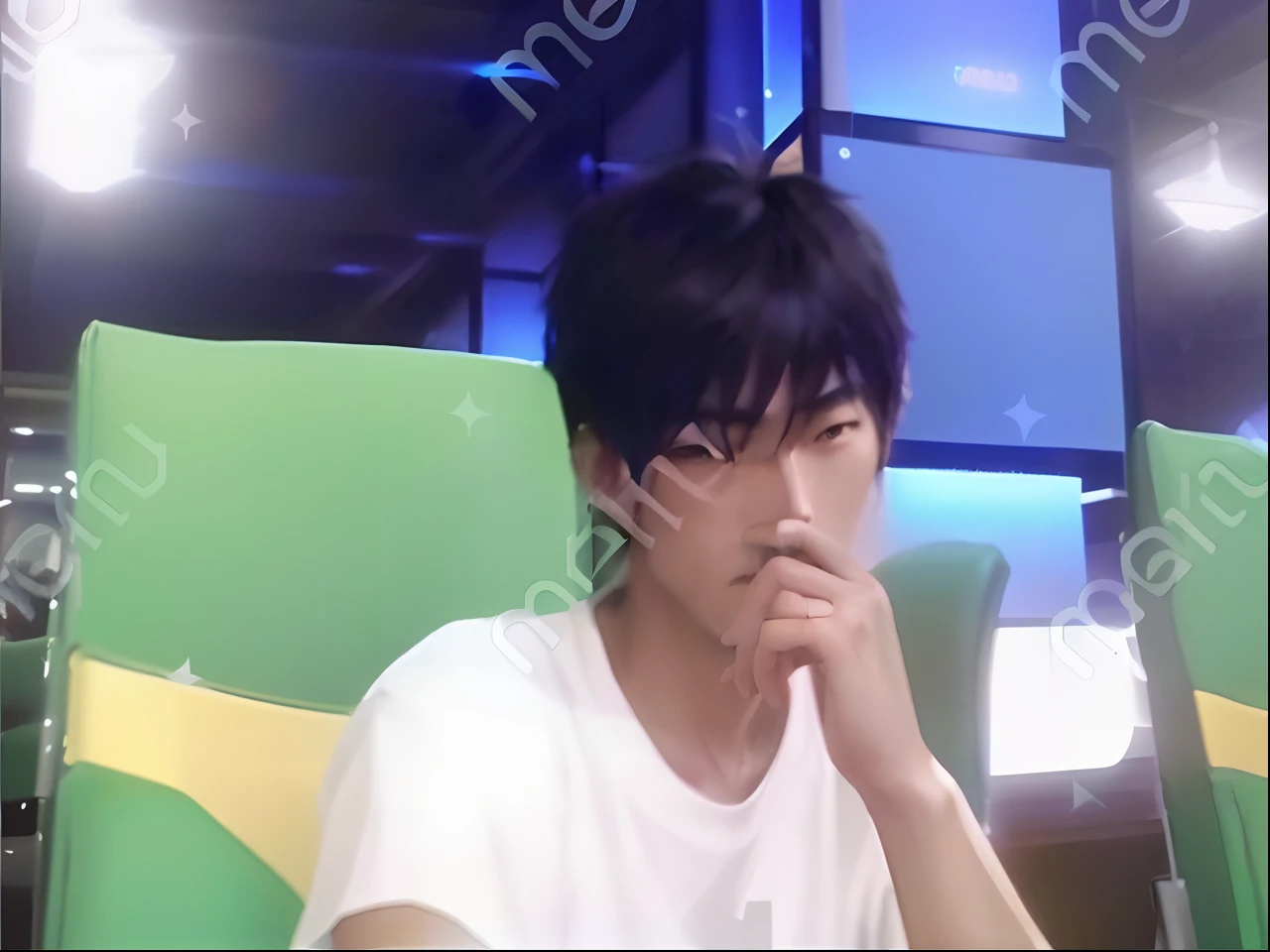 There was a man sitting in a chair，hand on chin, watermarked, kentaro, very very low quality picture, ruan jia beautiful!, watermarked:-1, low quality photo, kanliu666, Weibo, blurry photo, squinting, weeb, blurry image, [ Realistic photo ]!!, iphone capture, very very low quality