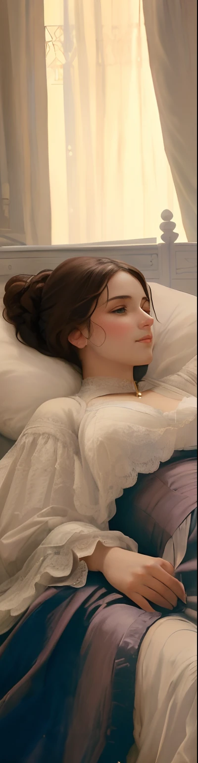 There is a woman lying on the bed with a pillow on her head, inspirado em Alexandre Cabanel, inspirado em Pierre Auguste Cot, inspirado por Henriette Wyeth, inspirado em Thomas Millie Dow, inspirado em Francesco Hayez, inspirado em Harriet Backer, inspirado em Hovsep Pushman, inspirado em Albert Edelfelt, inspirado em Vasily Perov