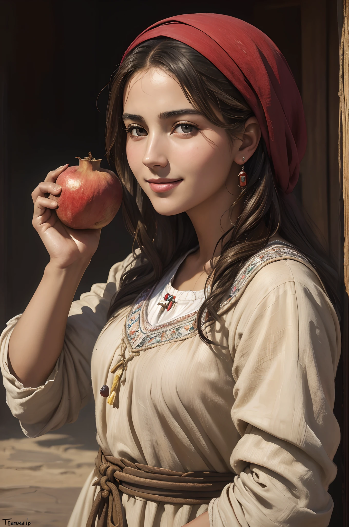 ((beste-Qualit)), ((oil painted)), (Young peasant woman, appearance: Italian:0,5/Moroccan:0,5), with a ripe pomegranate fruit in his hand, Emotional smile, ((tmasterpiece)), ((стиль Casey Baugh)), ((Realistic)),COLORFUL, Ultra-detailed, Impression:0,3