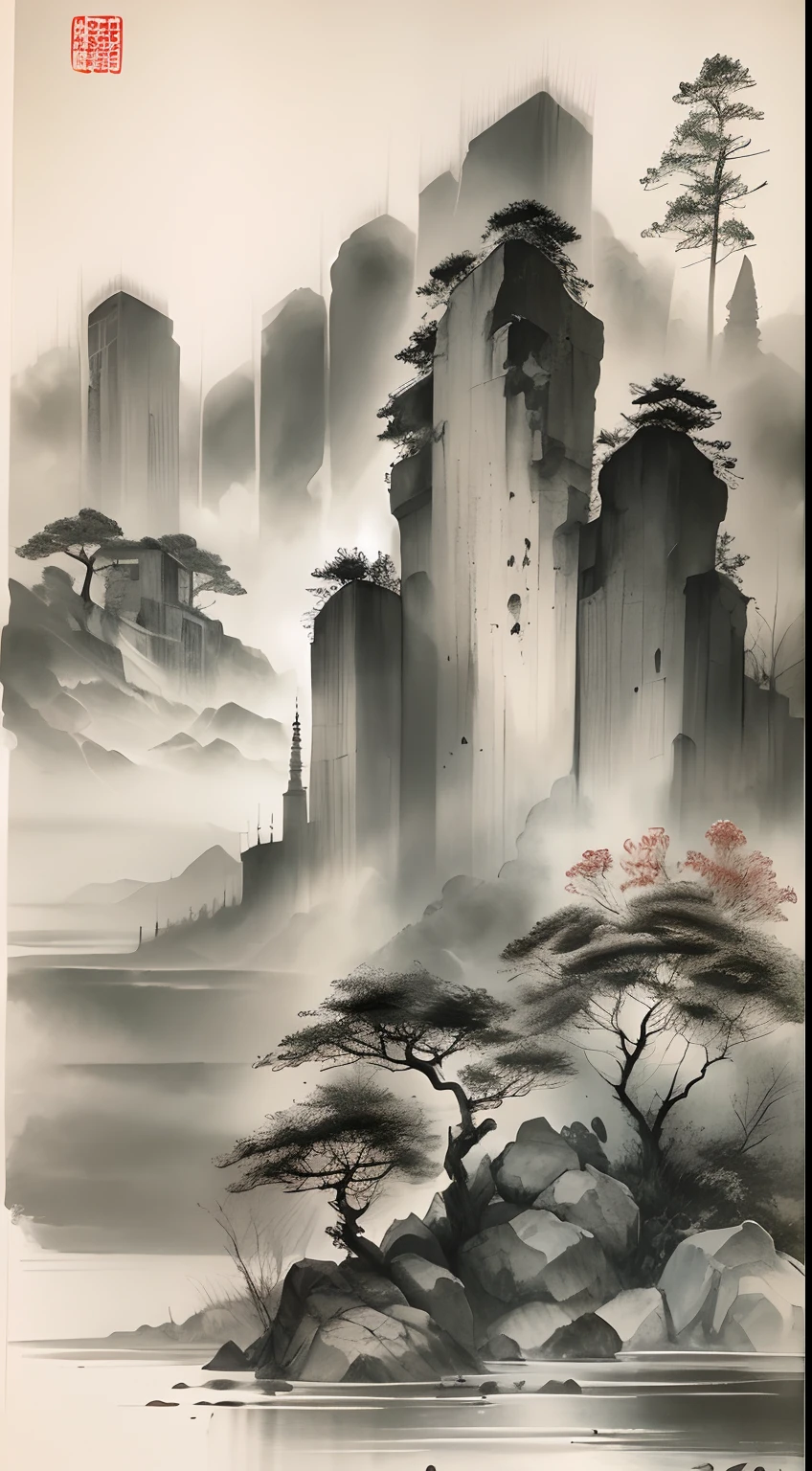 ink and watercolor painting,Draw on rice paper,Use thick and light ink to create light and dark variations and layers,Pick the right ink color,Such as deep black、Thick gray、Light coffee, etc,to express different situations and atmospheres,Control the gradient and transition of ink color by the humidity and consistency of the ink,mont,Eau,the trees,Lake surface,Bleak, Desolate, Solitude,Black and white tones,dead tree, Traditional Chinese Ink Painting, Traditional Chinese art, author:Guo Xi, author:Ma Yuanyu, Traditional Chinese painting, author:Xu Xi, author:Luo Mu, author:Yang Buzhi, author:Li Kelan, author:Gu An, Ink painting ) ) ) ), Chinese ink painting, Chinese painting style