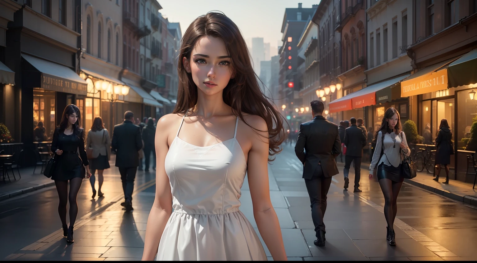 ((Realistic lighting, Best quality, 8K, Masterpiece: 1.3)), Focus: 1.2, 1girl, Perfect Figure: 1.4, Slim Abs: 1.1, ((Dark brown hair)), (White dress: 1.4), (Outdoor, Night: 1.1), City streets, Super fine face, Fine eyes, Double eyelids,