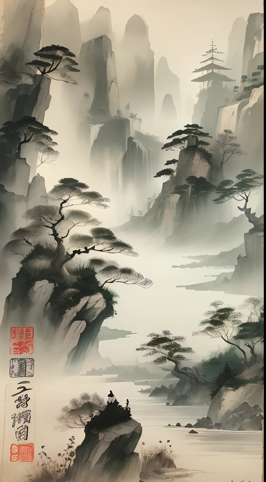 ink and watercolor painting，Draw on rice paper，Use thick and light ink to create light and dark variations and layers，Pick the right ink color，Such as deep black、Thick gray、Light coffee, etc，to express different situations and atmospheres，Control the gradient and transition of ink color by the humidity and consistency of the ink，mont，Eau，the trees，Lake surface，Bleak, Desolate, Solitude，Black and white tones，dead tree， Traditional Chinese Ink Painting, Traditional Chinese art, author：Guo Xi, author：Ma Yuanyu, Traditional Chinese painting, author：Xu Xi, author：Luo Mu, author：Yang Buzhi, author：Li Kelan, author：Gu An, Ink painting ) ) ) ), Chinese ink painting, Chinese painting style