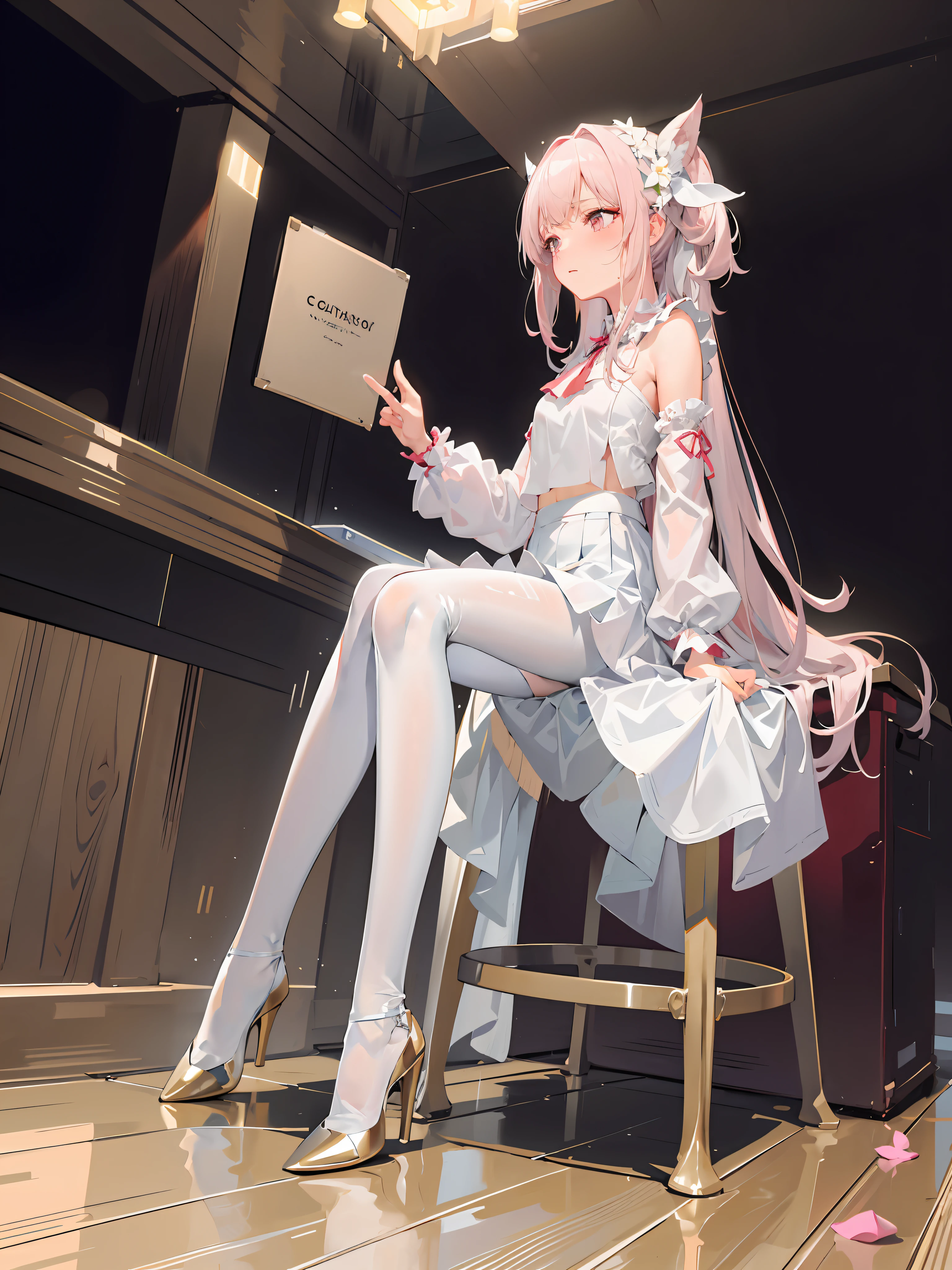 (tmasterpiece),(best qualtiy),(A pink-haired,long whitr hair,white hair ribbon,White flower decoration),(lacepantyhose,White panty hose,stocklings:0.8,Full body pantyhose),(White pleated skirt,short skirt),(Manteau,pastel pink,silkouette),putting makeup on, Blushlush, high-heels, 1girll,squatt, SakuraNS, the night,Single-sided lighting,16k,wide wide shot,Bright colors,sharp linework,high qulity,A high resolution,V gesture