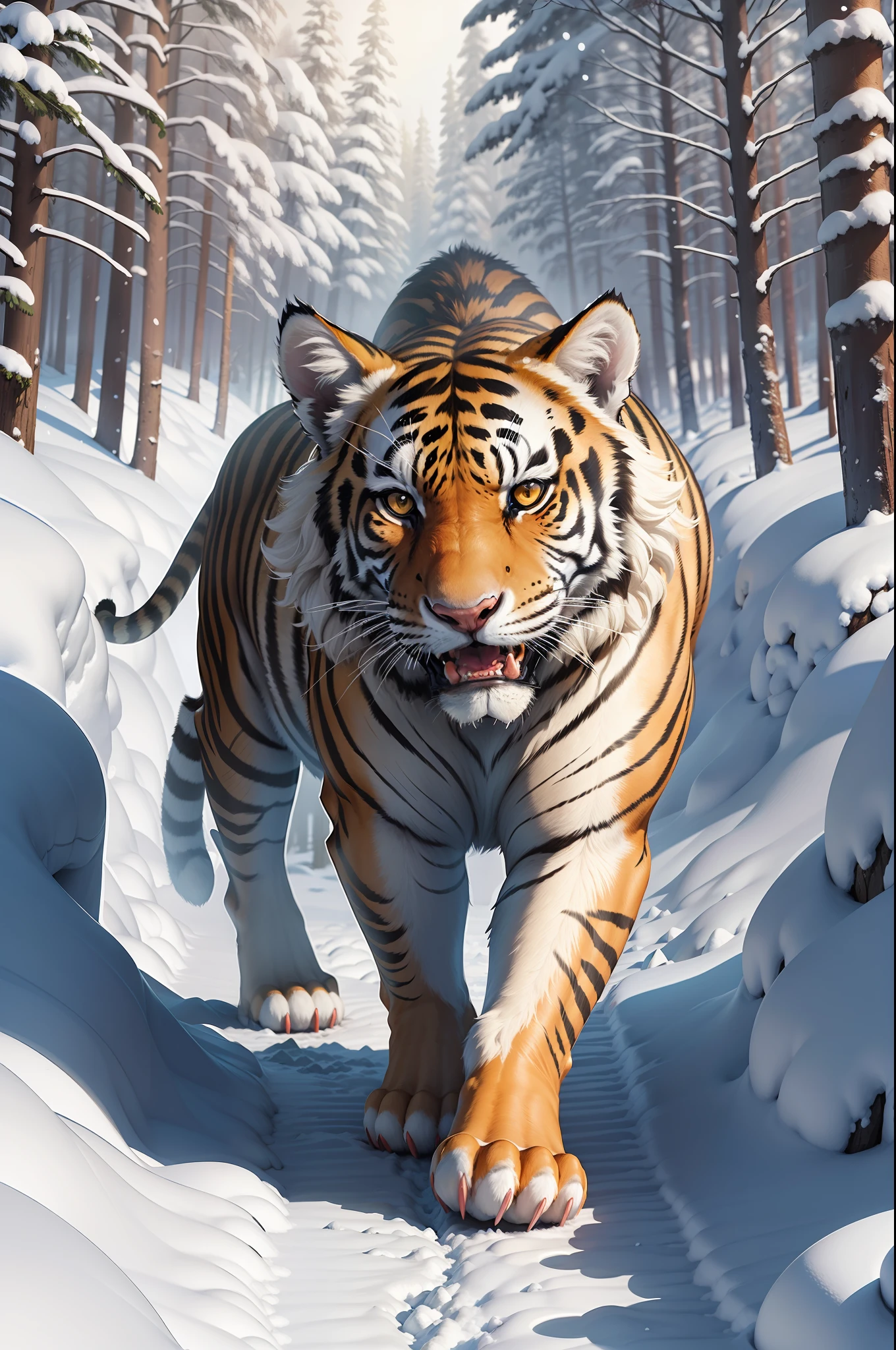 A giant tiger 30,000 years ago，4 pcs，Walk through snow-covered primeval forests