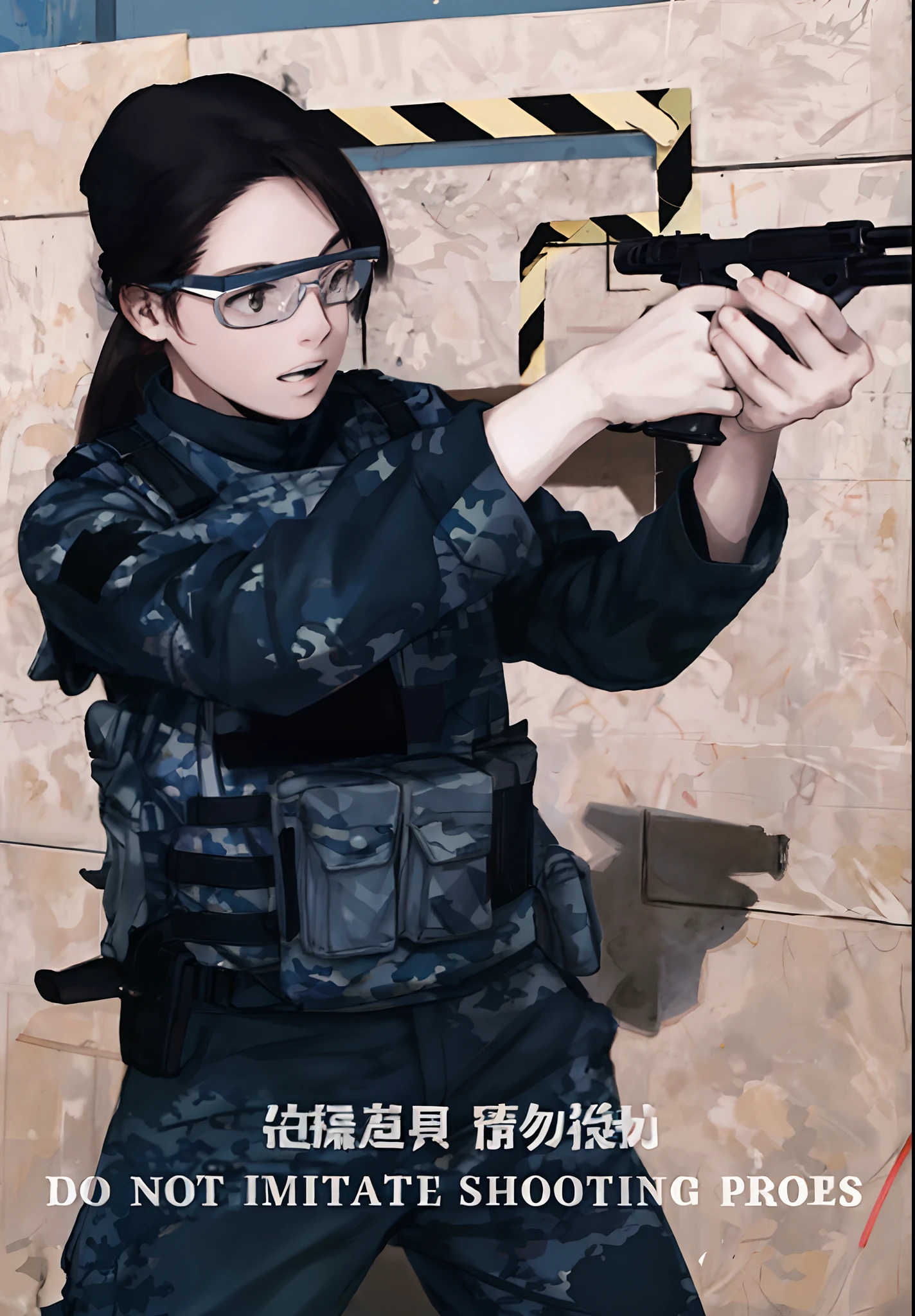 Best quality, Detailed background, Girl，camouflage uniform，take gun