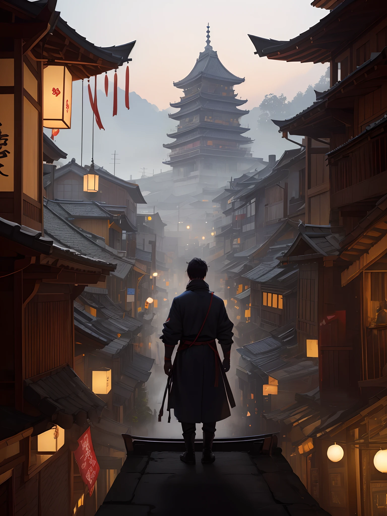 Imagem de um homem com uma roupa tradicional caminhando por uma rua, Cidade chinesa sonhadora, Cidade japonesa, Arte no estilo de Guweiz, Cidade japonesa, Atey Ghailan 8 K, Chengwei Pan em ArtStation, Cyberpunk Chinese Ancient Castle, inspired by Kanō Hōgai, Inspirado em Quioto, artstation mans aesthetic
