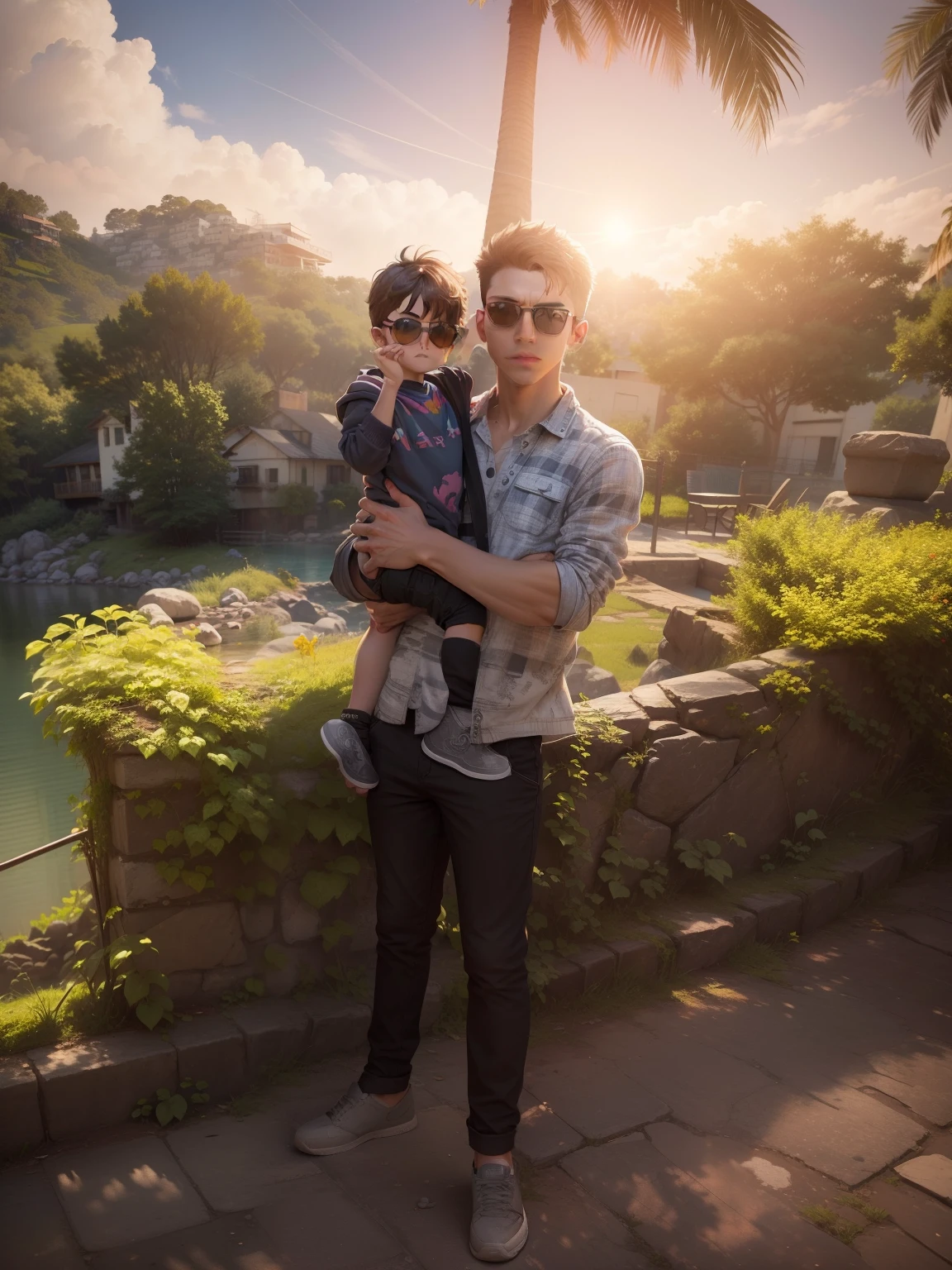 Add sunglasses to the boy, dont make any other changes, enhance quality of this image
