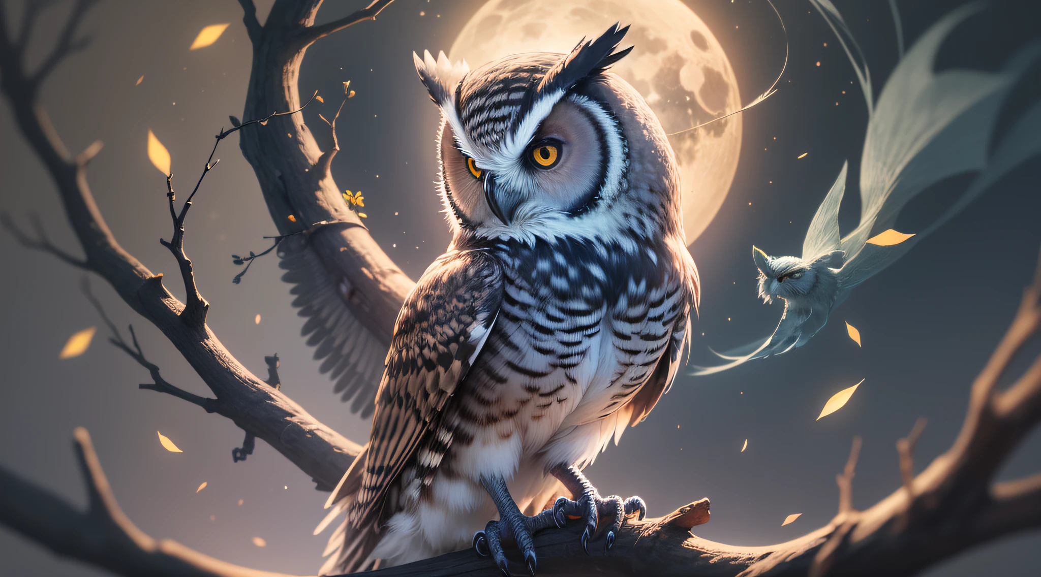 "Coruja da meia-noite": A mystical, nocturnal scene showing a majestic owl perched on a twisted branch under a crescent moon, with an air of mystery and enchantment, perfect for a Halloween-themed T-shirt, Ultra realismo, color field printing, High detail, UHD, 8k, anatomicamente correto, cinematic lighting 4d quality