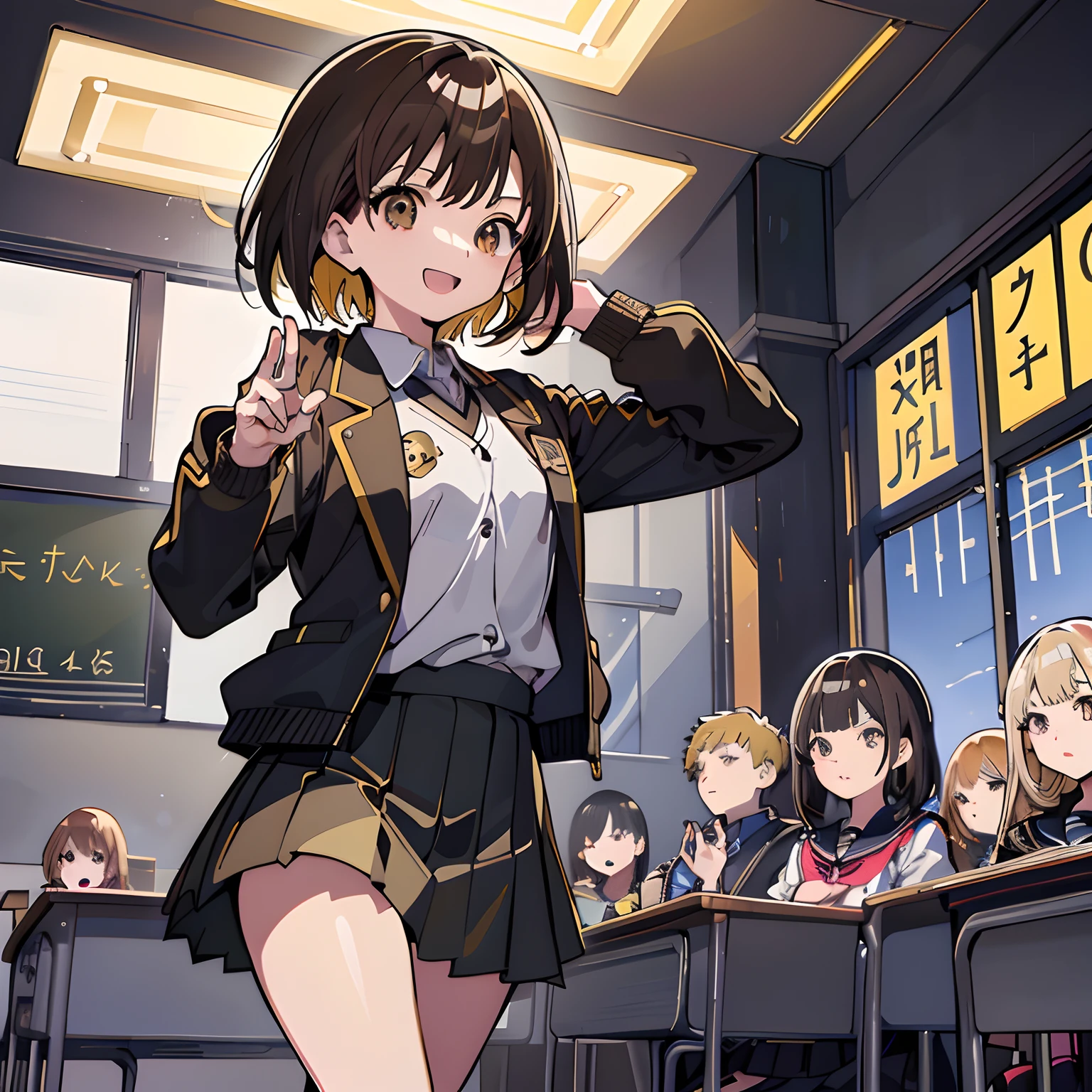 D:1.2),One girl. (masutepiece, of the highest quality, Kyoto animation style illustration, of the highest quality, offcial art, Aesthetics, Beautiful details, :1. 2), Break, ( girl), Very detailed, Extremely colorful, highest details, Break, (Small breasts),(Brown eyes:1.2),(Girl, Cute, Graceful, Yellow-brown hair,short detailed hair,glistning skin, (校服,Black uniform jacket,Short black skirt),(inside a classroom),There is no one else in the background,Happy expression,Normal hands,