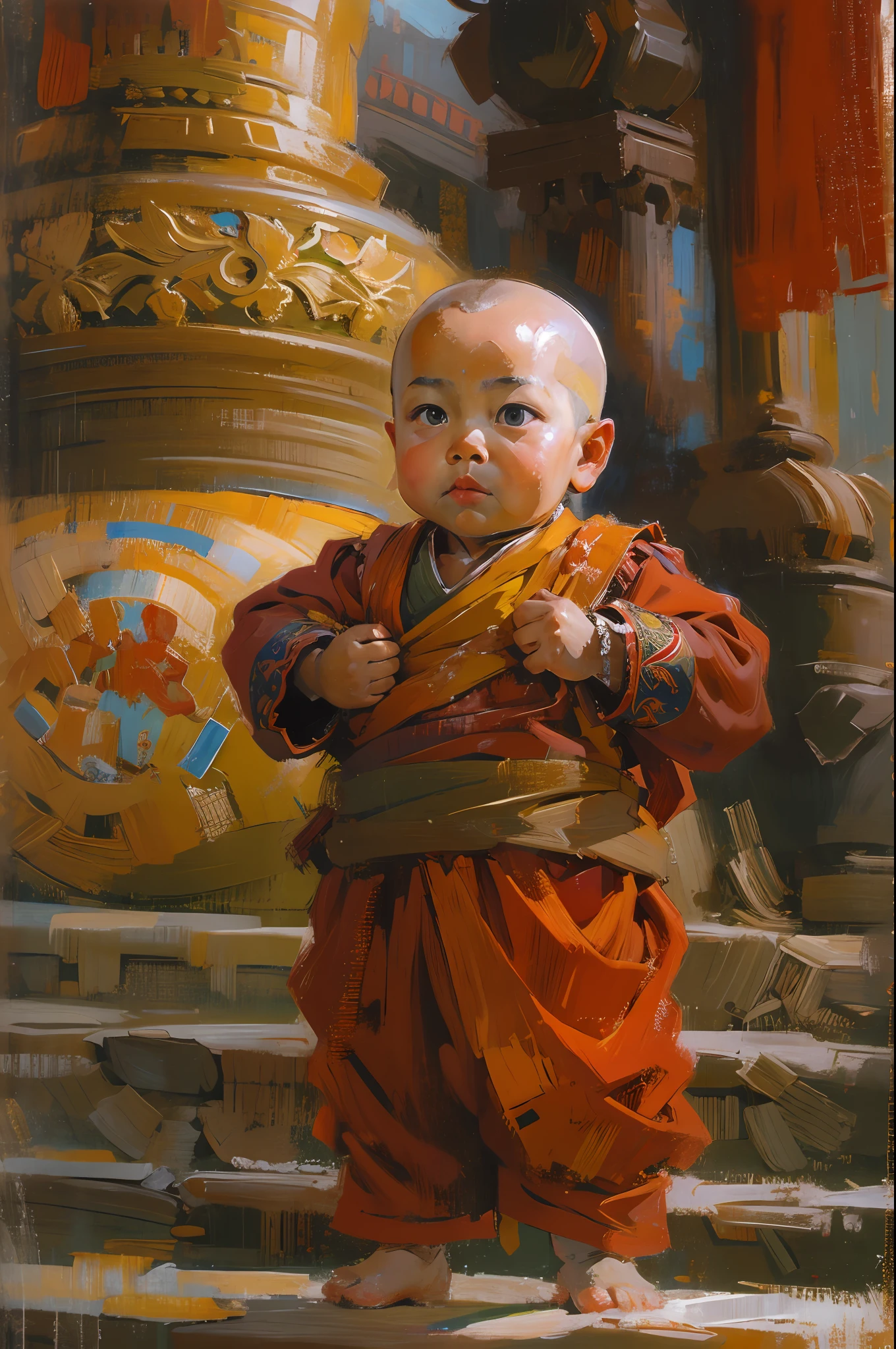 Potala Palace，Cute cute and serious baby boy living Buddha，Tibetan Buddhist costumes，bald-headed，Red face，and the sun was shining brightly，Buddhist Hall，oil painted，inks，acrycle painting，tmasterpiece，Renaissance style，best qualtiy，A high resolution，super-fine，Eyes detailed，Face detailed，hair detail，Accurate，Clear eye focus close-up