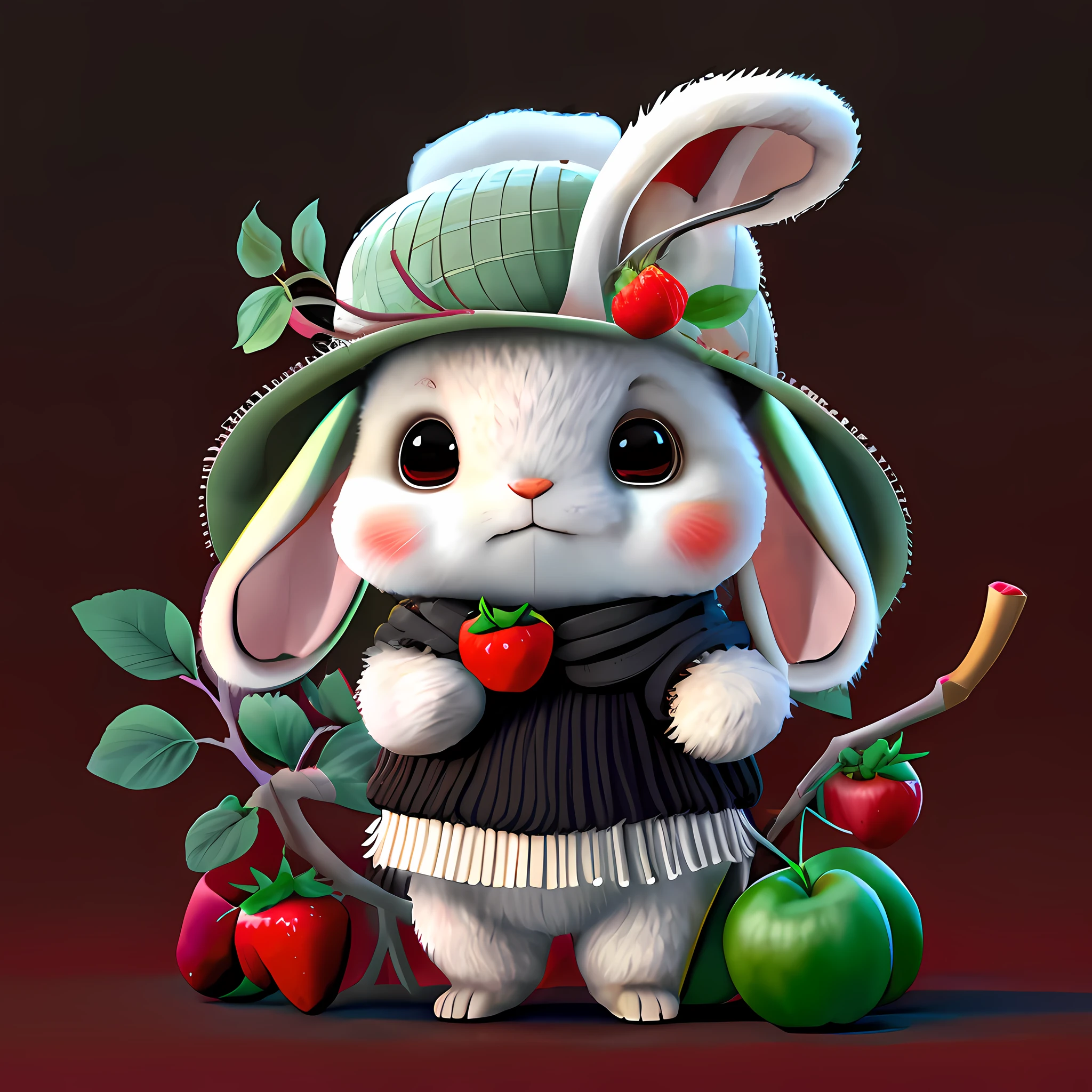 :3. Rabbit, realistic, hairy, clothed animal, apple, bear, teak, cherry, food, fruit, full body, hat, non-human, strawberry, tomato, watermelon