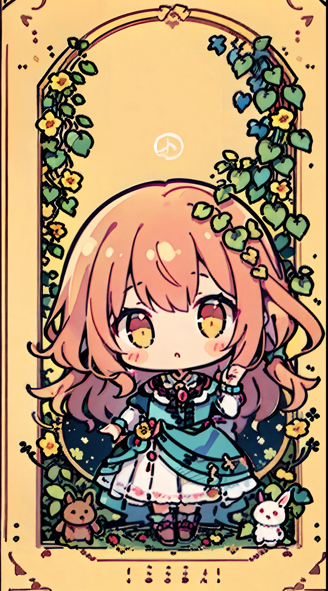 Chibi、a girl solo:1.5、full body Esbian、cute little、A pink-haired、The long-haired、Golden Eyes、beautidful eyes、rabbitears、Tarot Cards、Ivy frame with flowers、Plant illustration