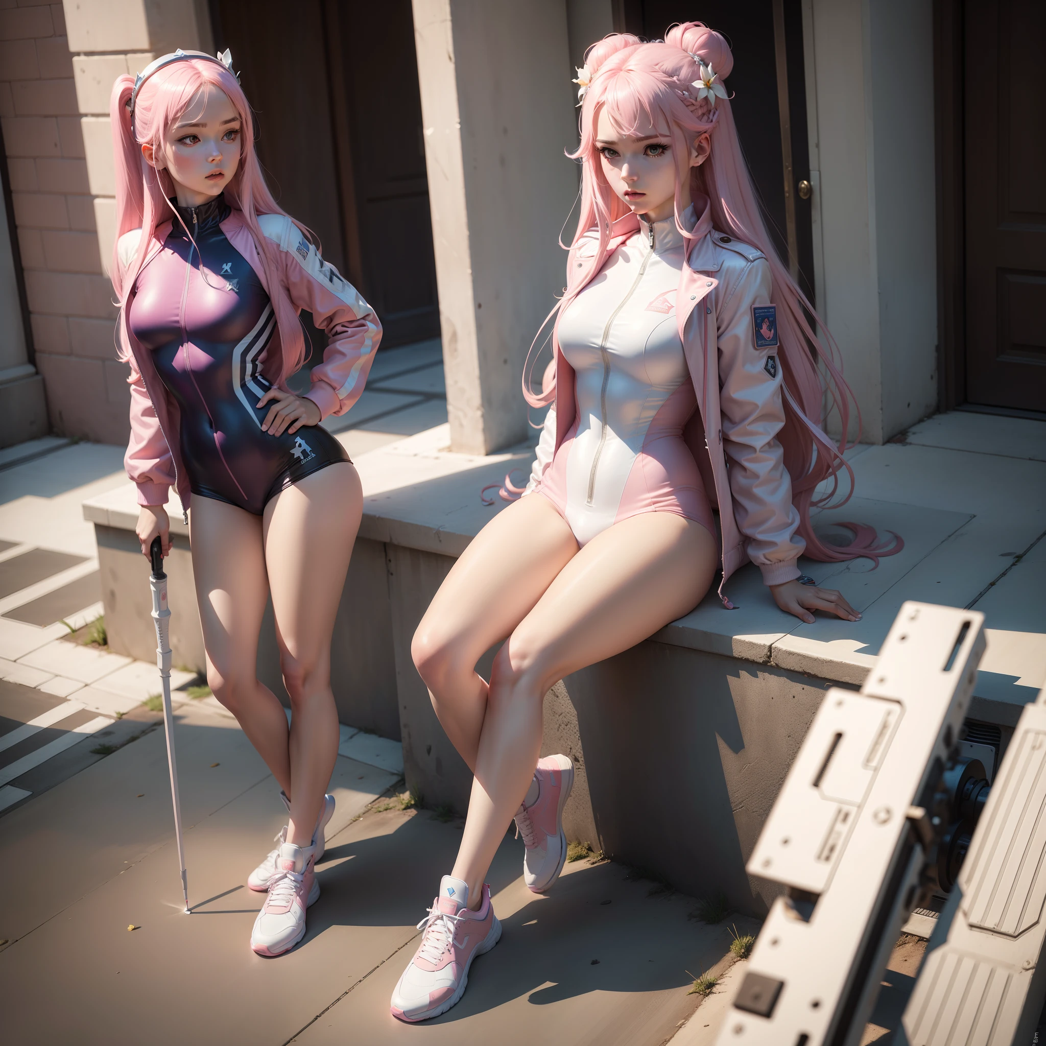 Masterpiece，Alice, Goddess of Victory，long whitr hair，Pink one-piece gel coat，tightsuit，Jacket jacket，White sneakers，handheldweapons，8K，Excellent picture quality