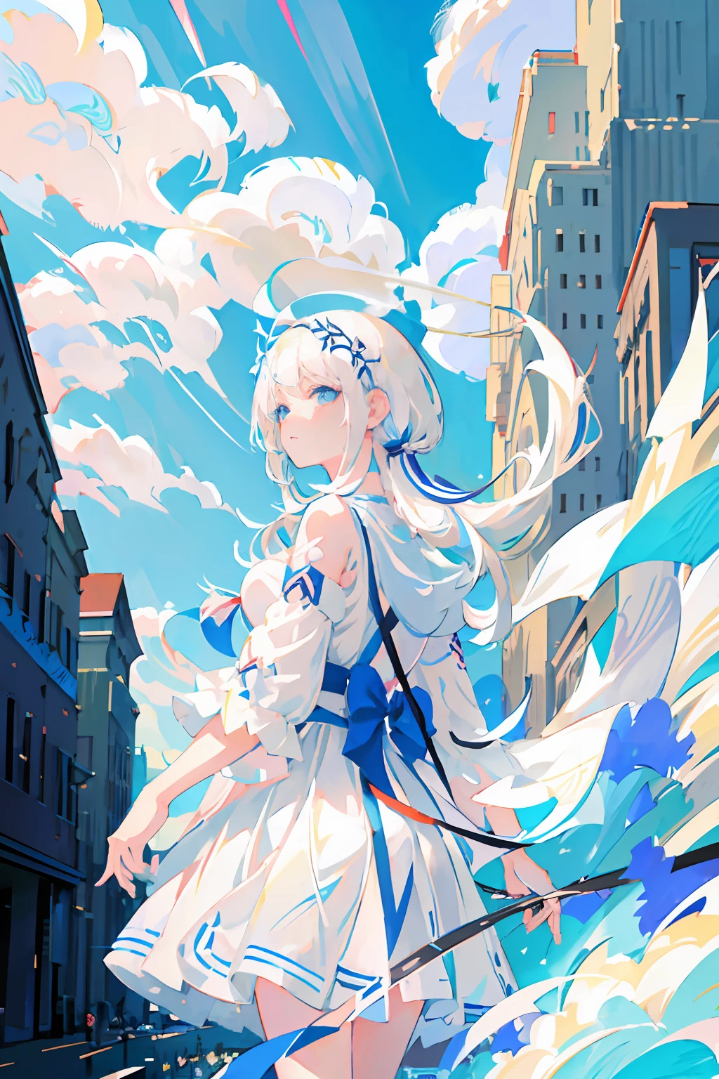 Anime girl with white hair and blue eyes in a white dress, white haired god, Digital art at Pixiv, White Dress!! of silver hair, Trending in ArtStation pixiv, guweiz on pixiv artstation, zerochan art, Pixiv Contest Winner, guweiz on artstation pixiv, pixiv, beautiful anime artwork, official artwork