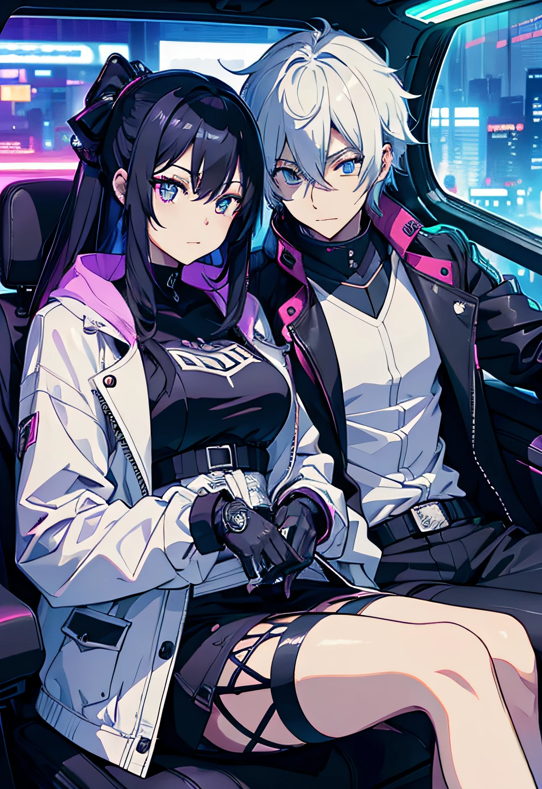 tmasterpiece, high detal, Locoro style couple, Sitting in Car,, cyber punk style, 城市, neonlight, Lots of lighting.