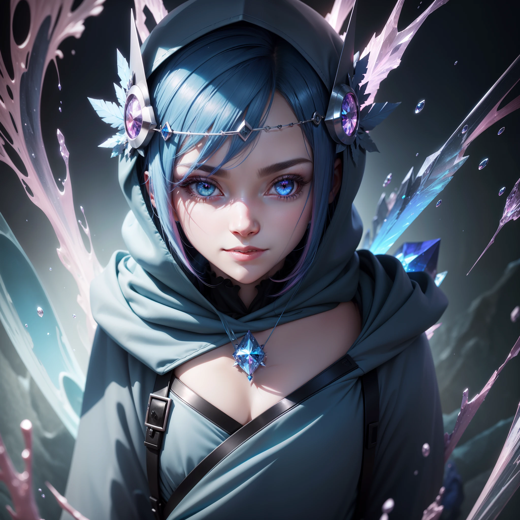 dark blue hair, crystal hair, hood, halo, heart-shaped pupils, mismatched pupils, heterochromia, light smile, Surrealism, anime style, depth of field, partially underwater shot, close-up, 8k, super detail, textured skin, 4K, highres,A pink eye,A light blue eye