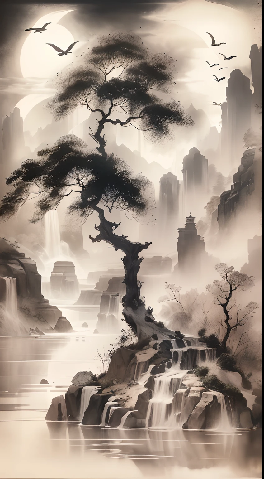 ink and watercolor painting,Draw on rice paper,Use thick and light ink to create light and dark variations and layers,Pick the right ink color,Such as deep black、Thick gray、Light coffee, etc,to express different situations and atmospheres,Control the gradient and transition of ink color by the humidity and consistency of the ink,mont,Eau,the trees,Lake surface,Bleak, Desolate, Solitude,A huge full moon rises over the horizon,Cool moonlight,Black and white tones,dead tree, Traditional Chinese Ink Painting, Traditional Chinese art, author:Guo Xi, author:Ma Yuanyu, Traditional Chinese painting, author:Xu Xi, author:Luo Mu, author:Yang Buzhi, author:Li Kelan, author:Gu An, Ink painting ) ) ) ), Chinese ink painting, Chinese painting style