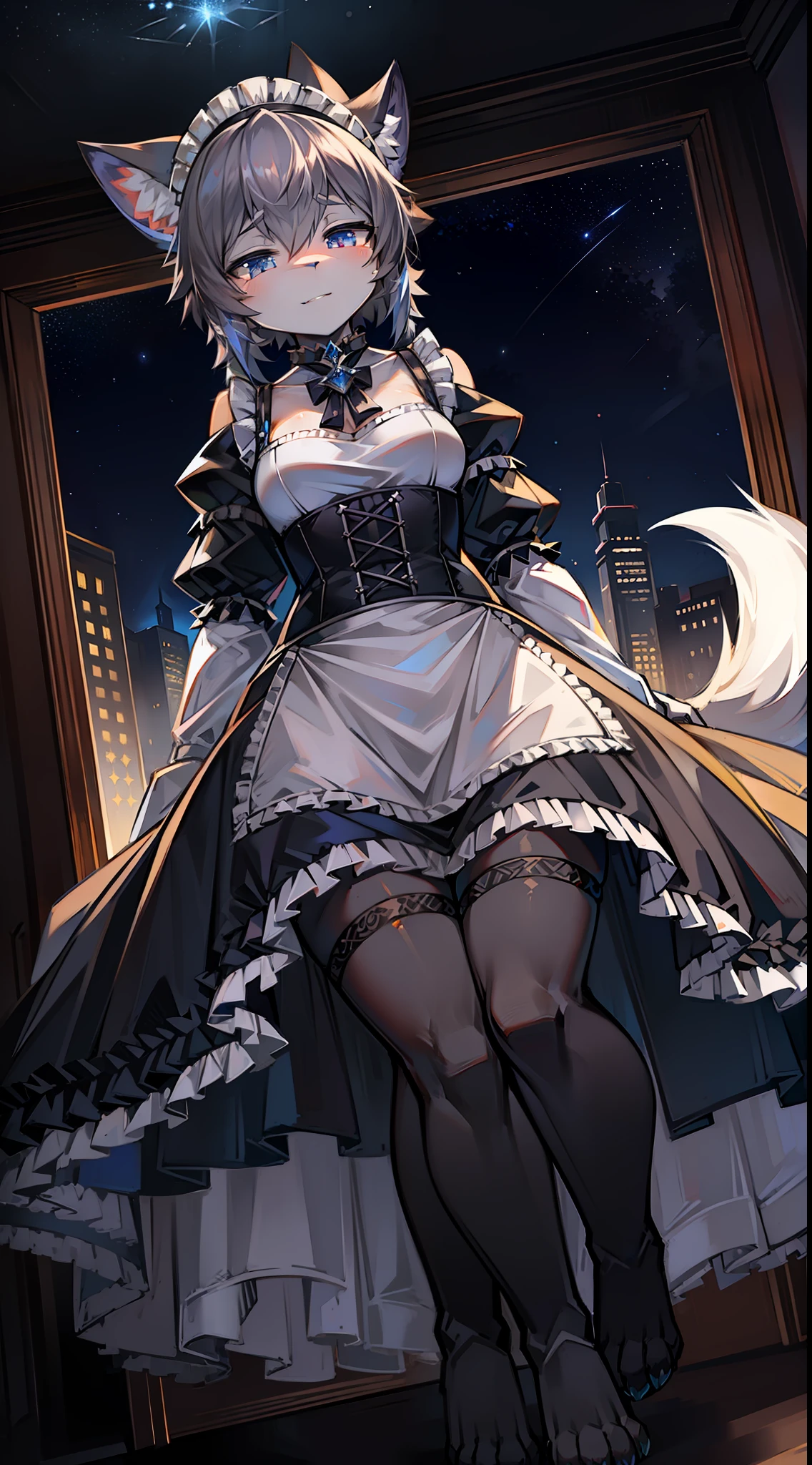 clusters of stars,wolf ear fluff,greyt hair,wariza,tail between legs,aquagradient eyes,Maid dress,asymmetrical eyes,