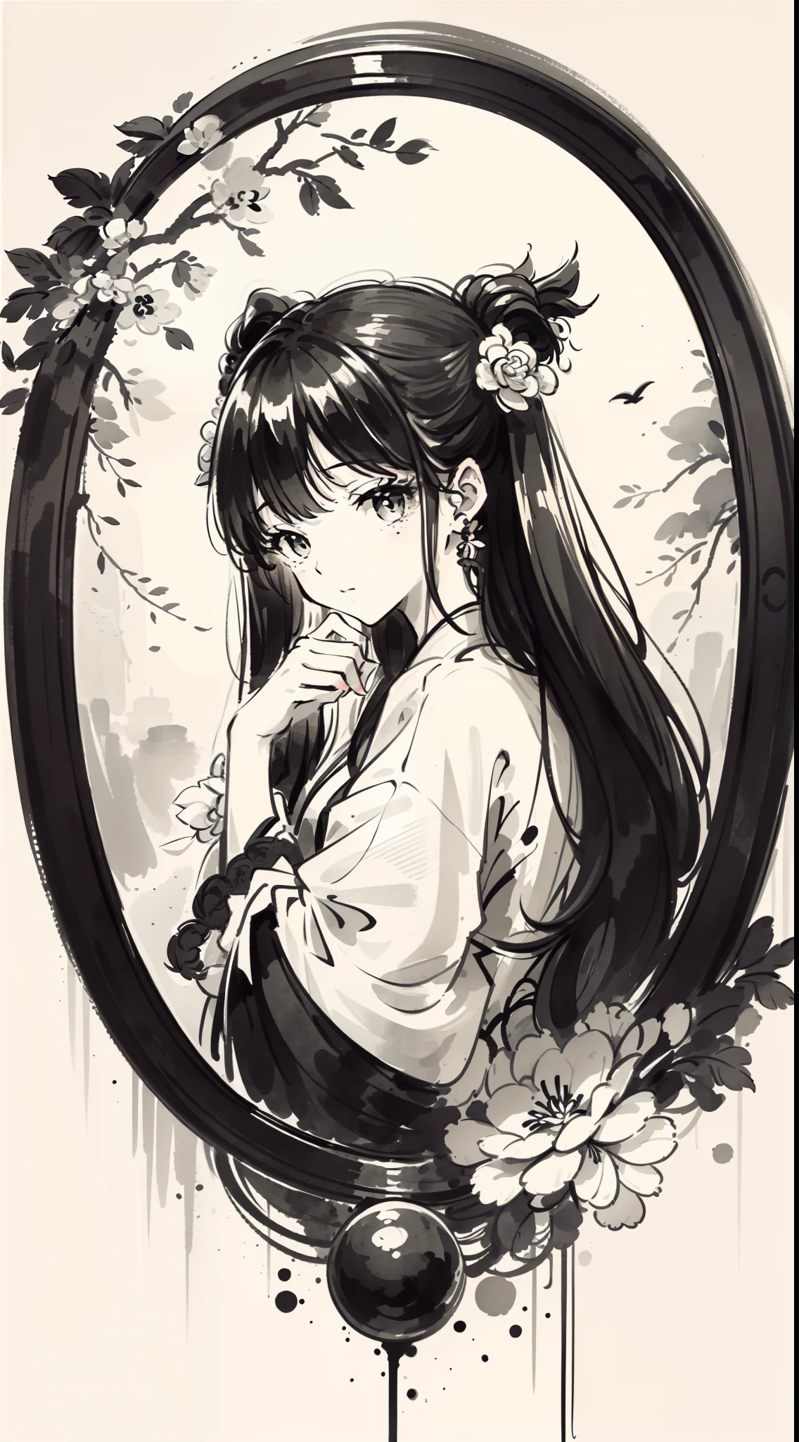 (Master masterpieces,high qulity,Very detailed,Perfect artwork,CG),(ink wash style:1.5),Defocused,black and white,The art of paper,illustration,white background, scenery,one-girl,Oriental elements,vanity table,mirror surface
