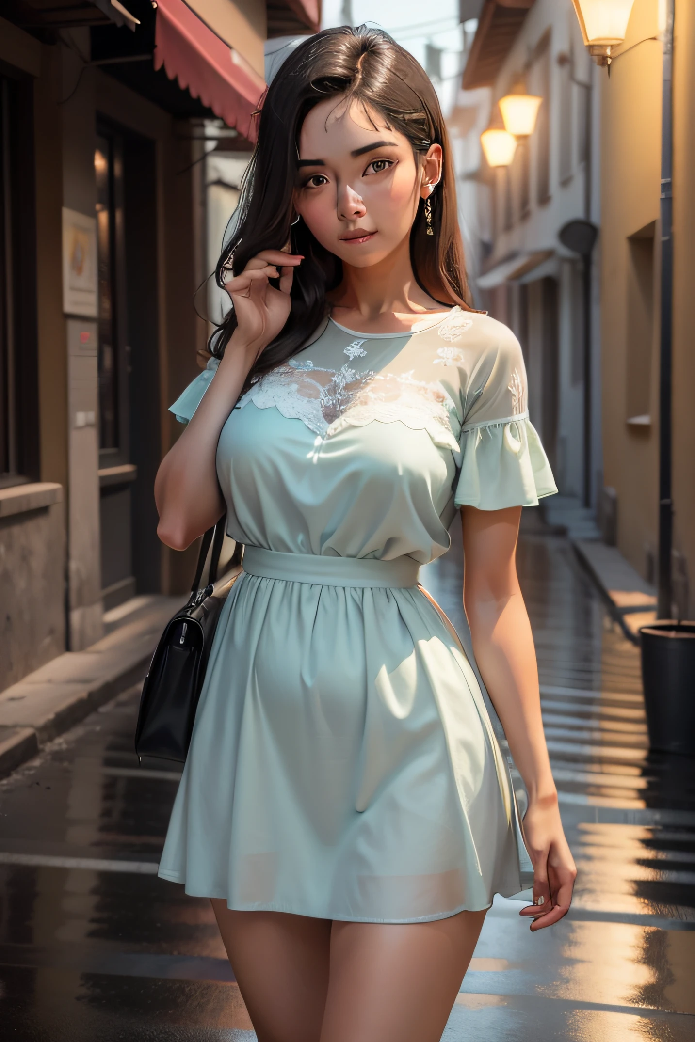 (8k, foto RAW, melhor qualidade, obra-prima: 1.2), (realista, foto-realista: 1.37), 1girl, paisagem urbana, noite, molhado, profesional lighting, photon maping, radiosidade, mosca humana, rasgado, seios grandes, vestido branco