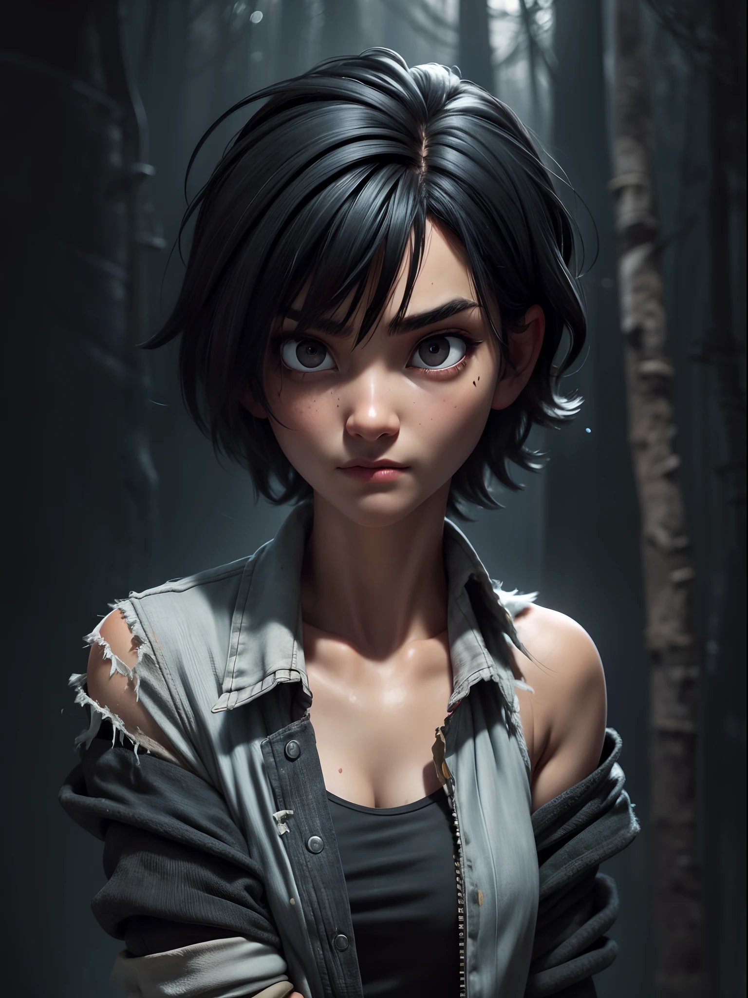 1girl, short black hair messy, black eyes, psycho look, gray haze around, peeking out upper body, dark forest, Ripped clothes, 16k