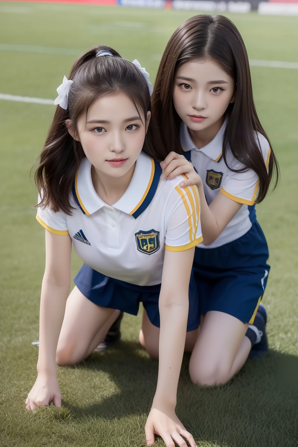 ((Top Quality, 8k, Masterpiece: 1.3)), (kneeling on the floor, open legs :1.2), Perfect Body Beauty: 1.4, large_breasts, Beautiful Woman, Two Women, Big: 1.4, Slender Figure: 1.1, Toned Abs, Dark Brown Hair, short hair, (soccer, Wet Body, soccer Uniform: 1.2), Ultra Detailed Face, Detailed Lips, Detailed Eyes, Double Eyelids, face to face, hug from behind, (2girls:1.6), Soccer field,