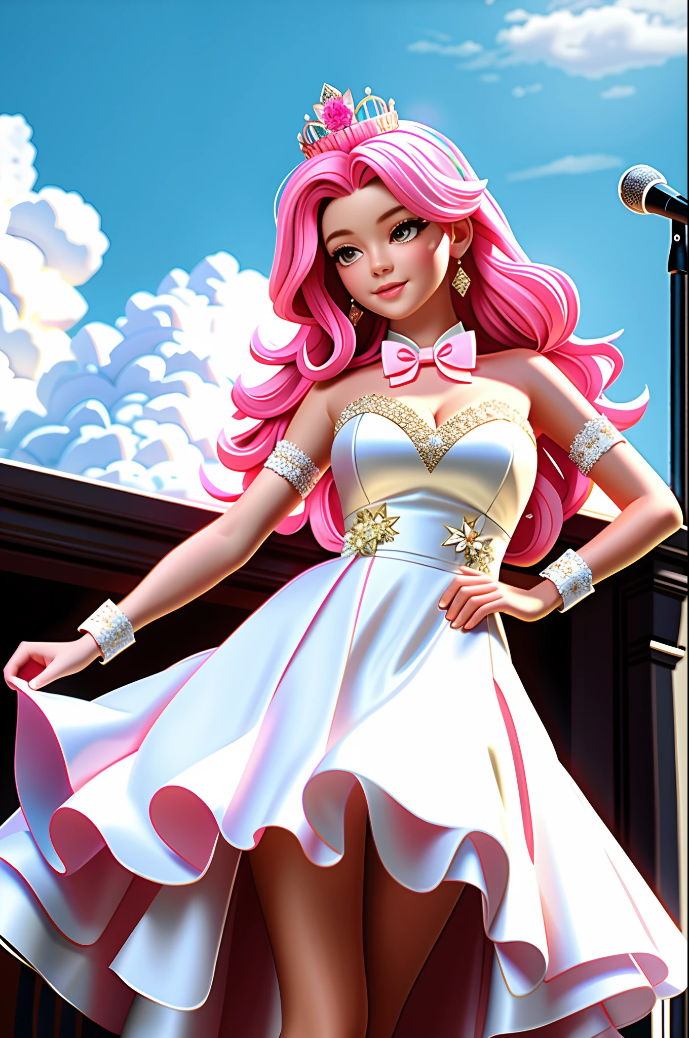 Masterpiece, Best quality, A high resolution, HMSL1, Medium hair, x hair ornamen, crown, pink flower, White dress, bridal garter, Bare shoulders, Wrist cuffs, frill dress, neck bowtie, Large breasts, Stage, day, sky, Cowboy shot, standing,