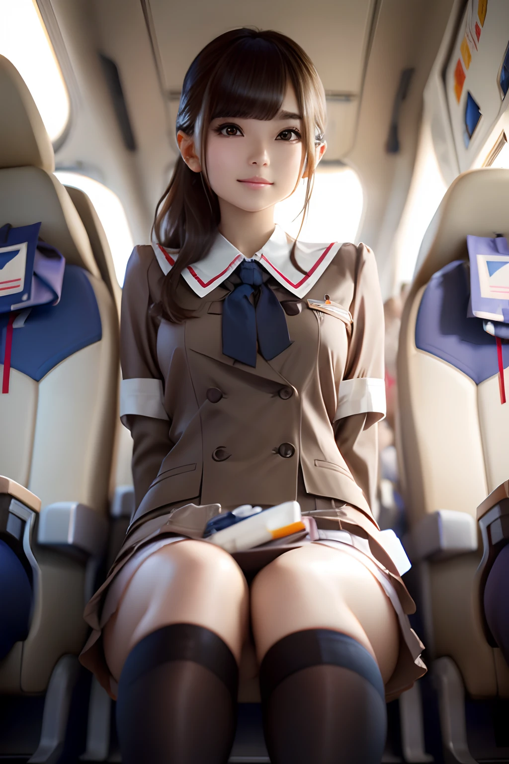 tmasterpiece, seductiv, short skirt, ssmile, Stewardess, Short brown delicate and delicate hair, Aircraft seats, Beautiful udder, Buttock skirt, Big water leakage, High-resolution facial features, 8K, 二重まぶた, exquisite facial features, underdressing,photorealestic --auto