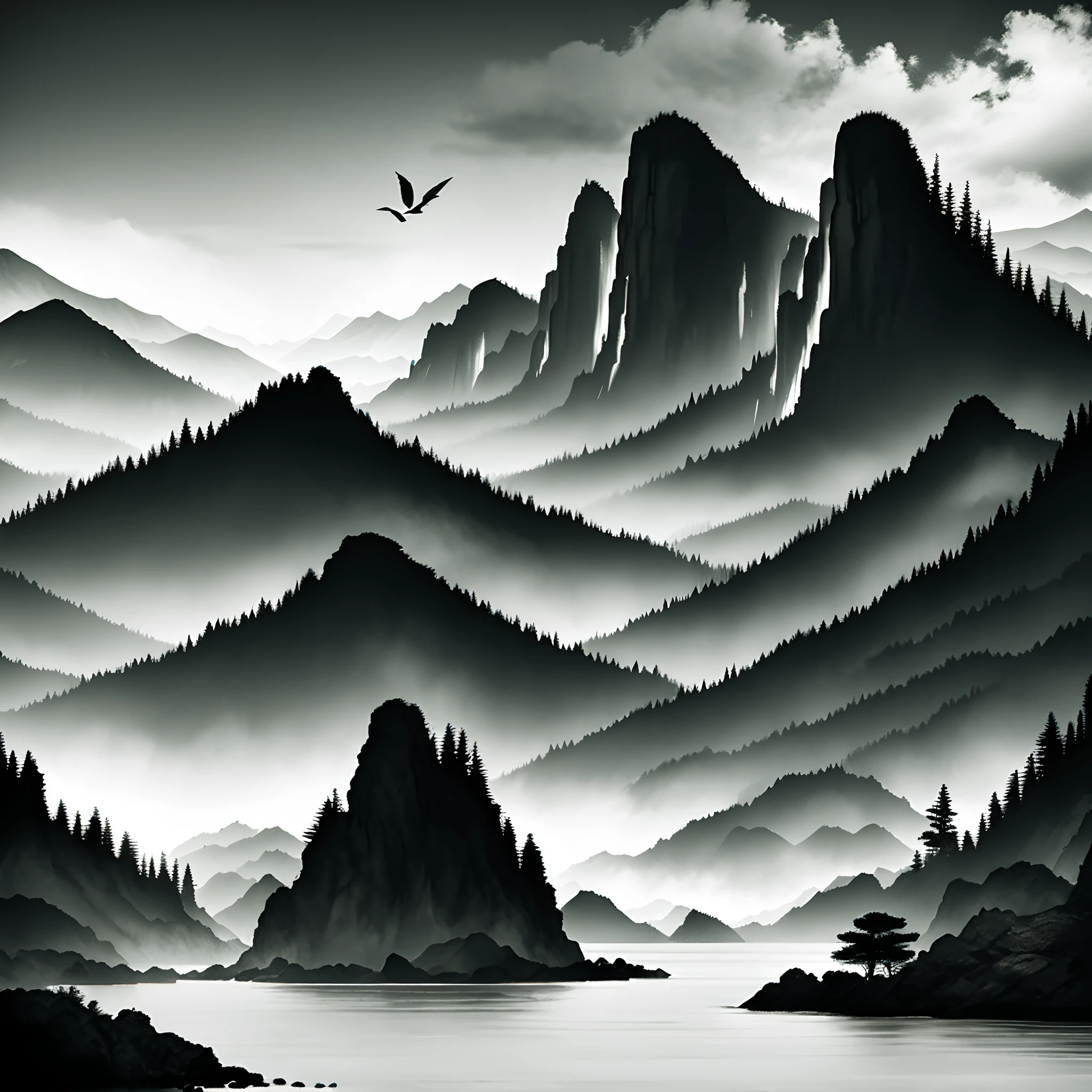 Black and white background， landscape，green mountains，Lone Sail， mont， Eau， the trees，Birds in the trees，A bird flying in the sky
