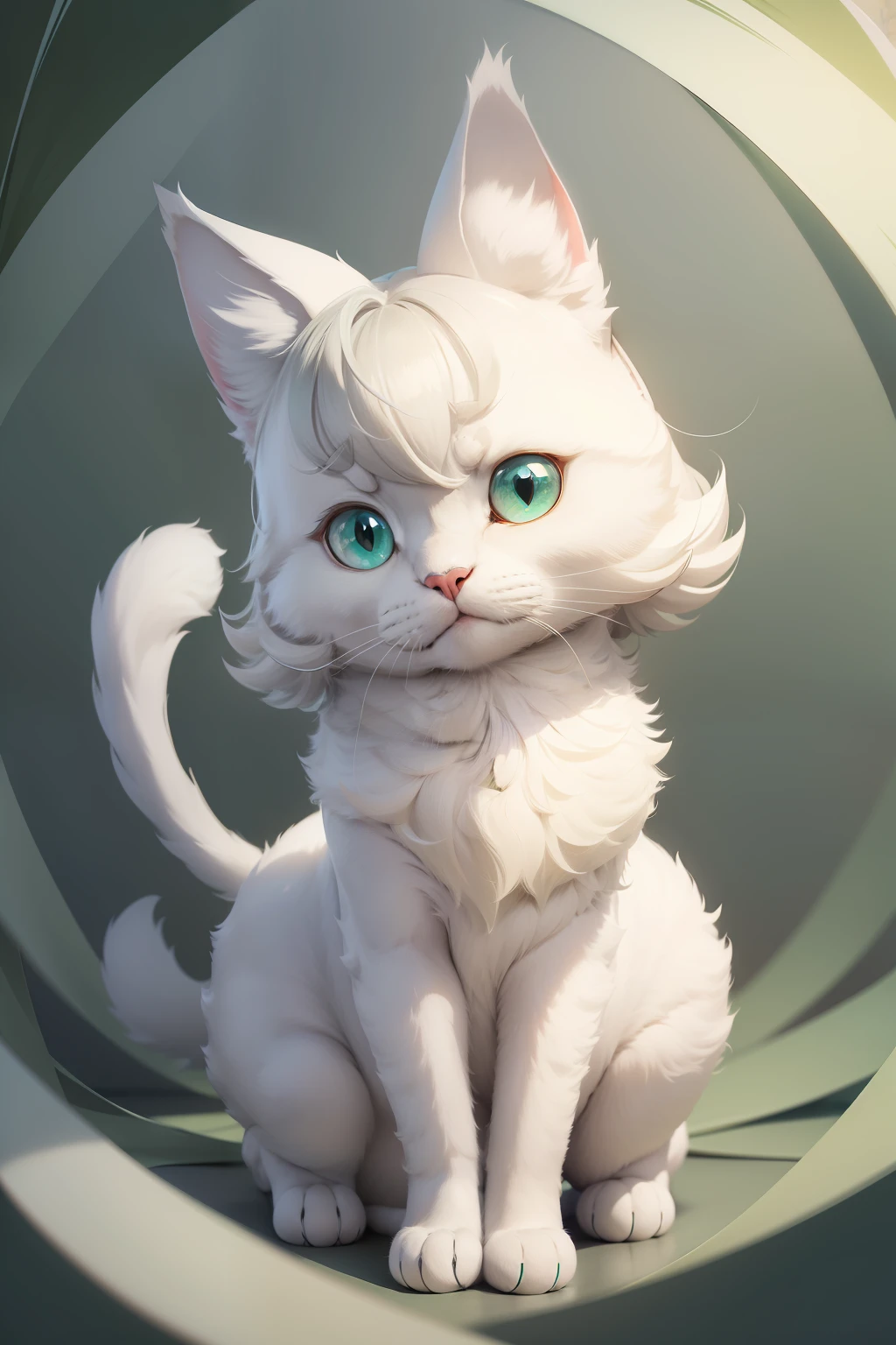The body of this cat-shaped character is light，The hair is soft and smooth，Mainly in a pastel gray、Beige and light blue predominate。Its face is slightly rounded，There are big deep emerald green eyes that shine brightly。The ears are wide and sensitive，The claws are slender silver，The tail is long and elegant。