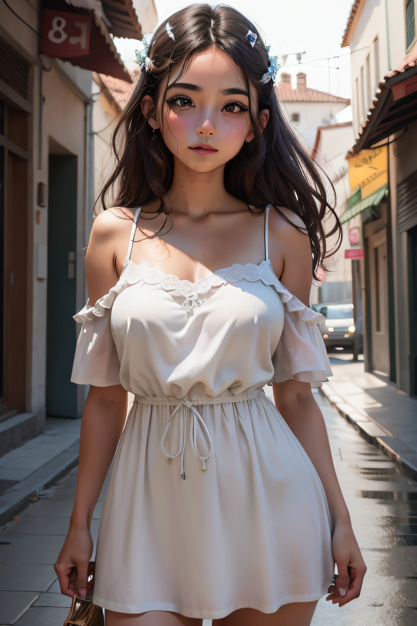 (8k, foto RAW, melhor qualidade, obra-prima: 1.2), (realista, foto-realista: 1.37), 1girl, paisagem urbana, noite, molhado, profesional lighting, photon maping, radiosidade, uma mosca com corpo de humano , rasgado, seios grandes, vestido branco