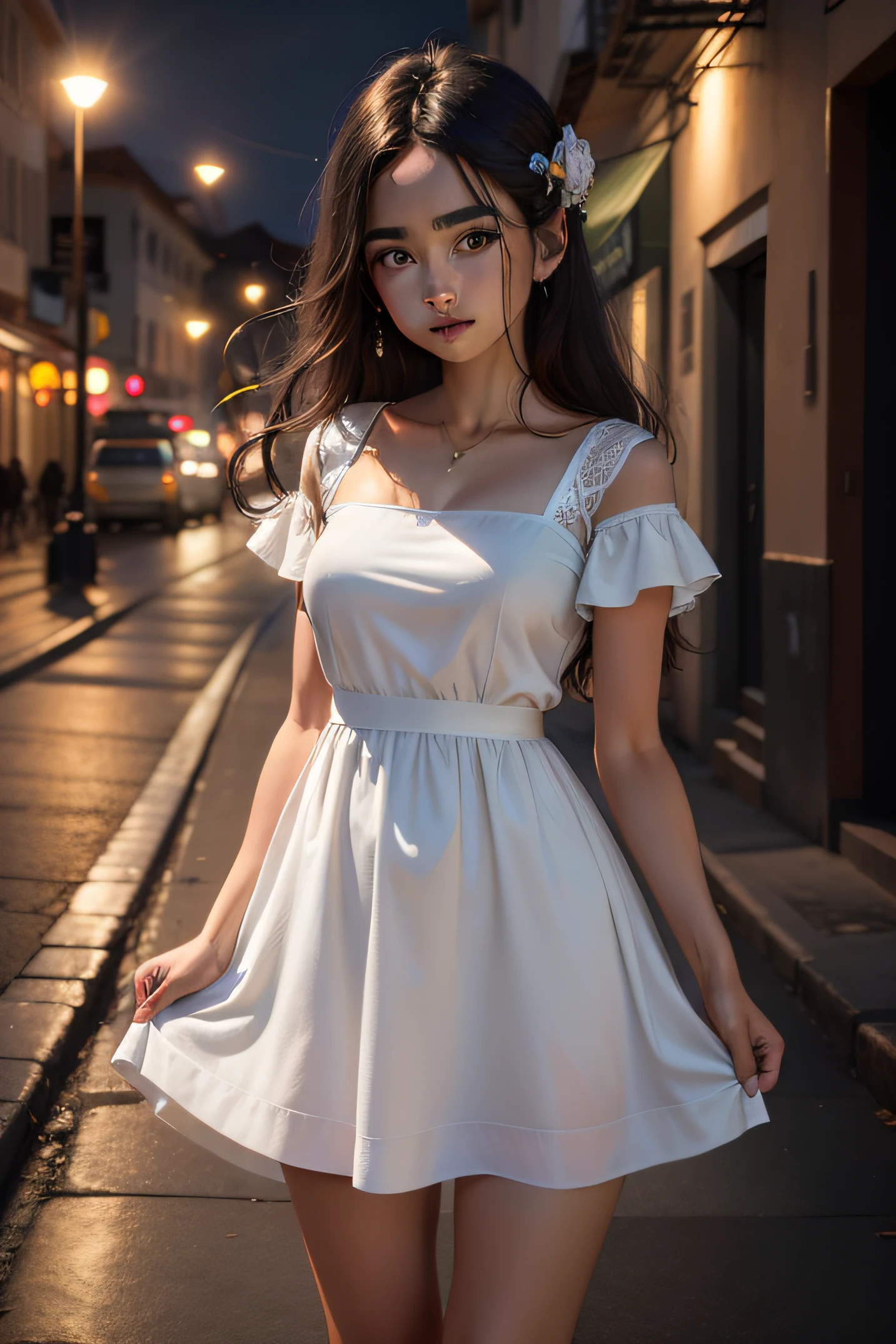 (8k, foto RAW, melhor qualidade, obra-prima: 1.2), (realista, foto-realista: 1.37), 1girl, paisagem urbana, noite, molhado, profesional lighting, photon maping, radiosidade, uma mosca com corpo de humano , rasgado, seios grandes, vestido branco