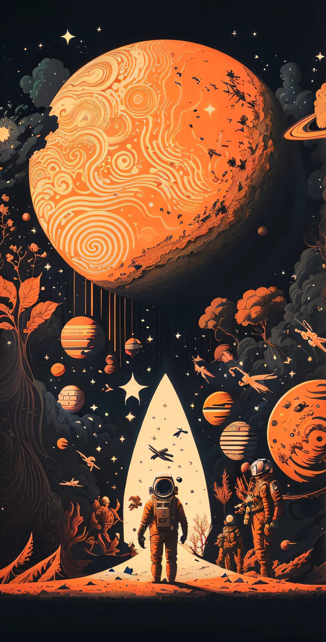Poster of astronauts standing in front of the space station, dan mcpharlin, psychedelic illustrations, jen bartel, victo ngai and tristan eaton, an illustration of inspired by Victo Ngai, victo ngai style, orange planet, dan mcpharlin : : opulent, victo ngai fine texture, by Victo Ngai