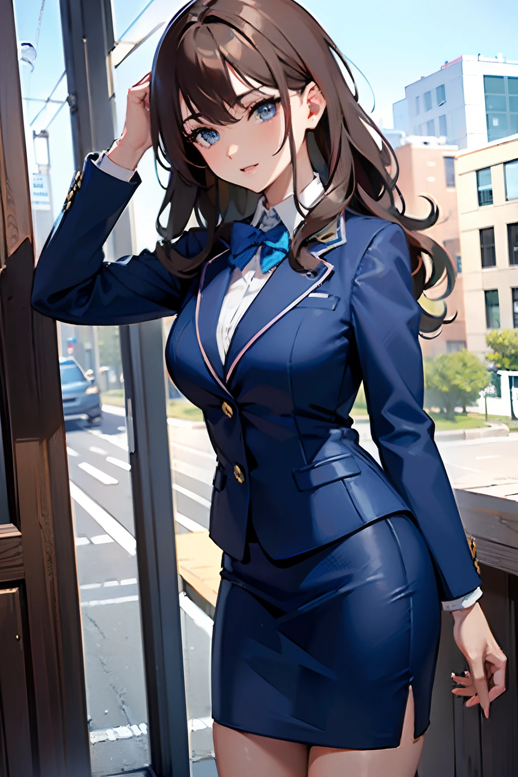 (masterpiece, best quality, 8k, highres:1.2), blue skirt suit, highleg, hazel eyes, blue blazer, blue pencil skirt, brown hair, curly hair, long hair