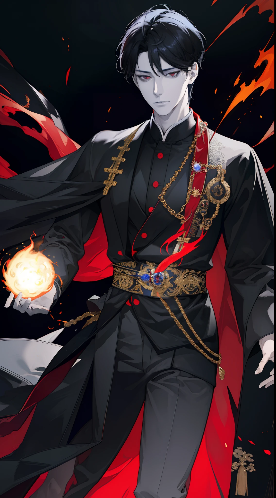 masterpiece, best quality, 1 male, adult, handsome, tall muscular guy, broad shoulders, finely detailed eyes and detailed face, extremely detailed CG unity 8k wallpaper, intricate details, short black hair, red eye, long robe, fantasy, magnificent background, he is dancing with fire, magic effect, flame, depth of field