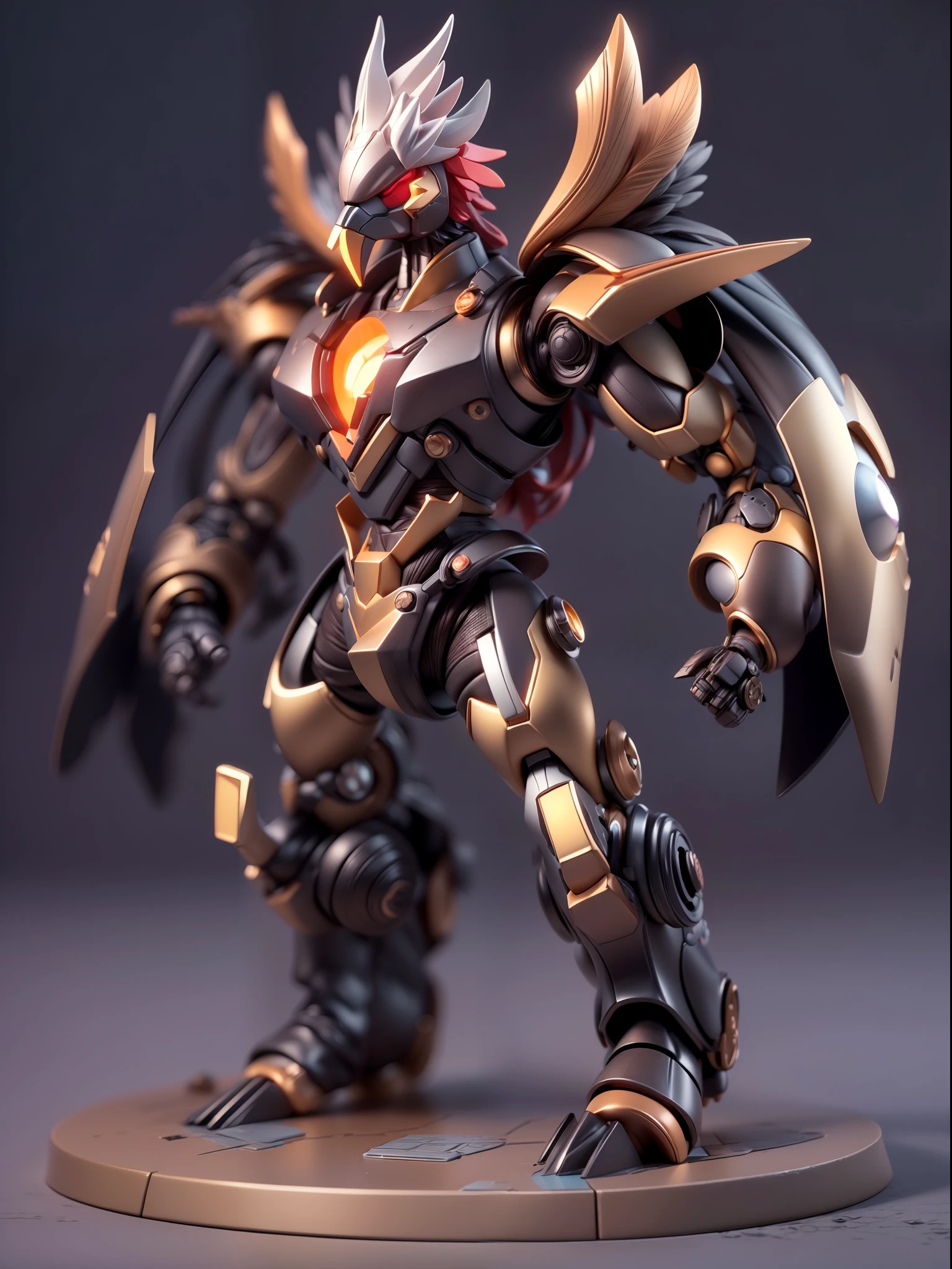 (Blind box toy style:1.3),((Full body shot))(anthropomorphism) , (1 strong rooster mecha warrior)(((solo))) metal mecha,dreamy glow, Clean dark background,Brown black style,(circular base)( Global illumination, Ray tracing, hdr, unreal render,reasonable design, high detail, Masterpiece, Best quality, hyper HD, Cinematic lighting)