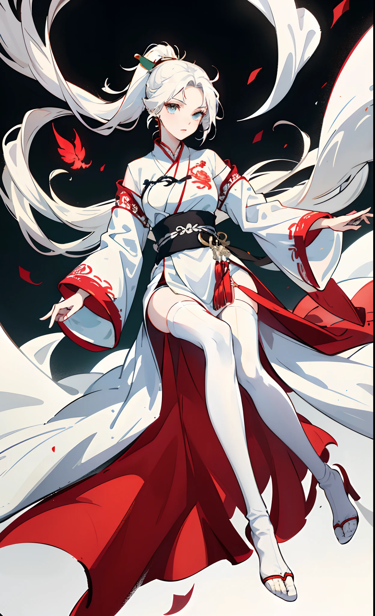 Jade feet wrapped in white silk，White stockings，beautifullegs，Hanfu，silver-white long hair，Delicate skin，Smart eyes，Gentle temperament，Reveal jade feet，one-girl，Red and white Hanfu，Black embroidery，Long white ponytail hair，Long hair fluttering，white color hair，
