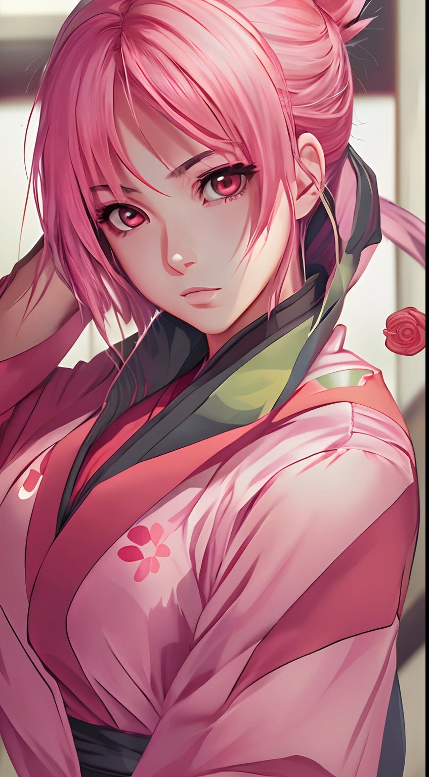 masterpiece, absurdness, 1girl with pink hair, green eyes, sharingan, (((Haruno Sakura))), (Naruto Shippuden), solo, wearing red qi pao, looking at viewer, floating hair, anime style 4 k, realistic anime art style, anime style. 8k, beautiful anime girl