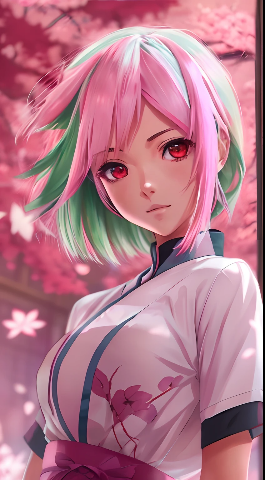 masterpiece, absurdness, 1girl with pink hair, green eyes, (((Haruno Sakura))), (Naruto Shippuden), solo, wearing red qi pao, looking at viewer, floating hair, anime style 4 k, realistic anime art style, anime style. 8k, beautiful anime girl