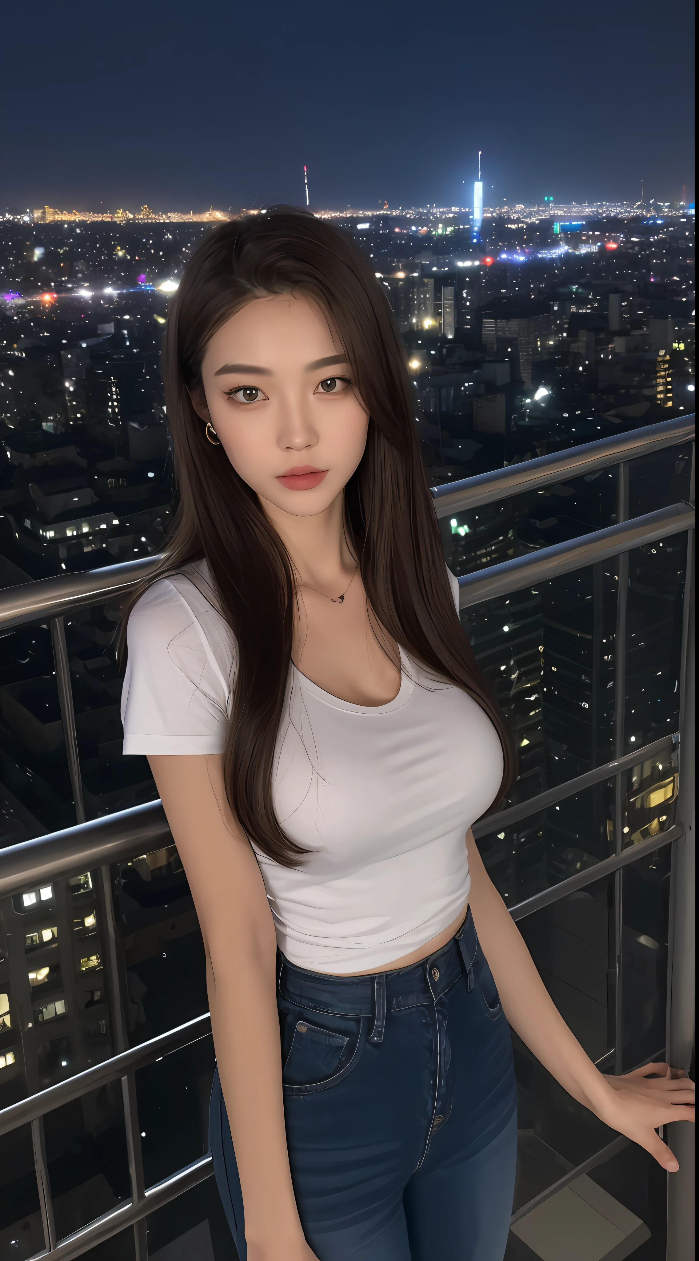 ((Midnight, Best quality, 8k, Masterpiece :1.3)), Whole body, Long legs, Sharp focus :1.2, A pretty woman with perfect figure :1.4, Slender abs :1.1, ((Dark brown hair, Big breasts :1.2)), (White tight tshirt, Jean bib, Standing:1.2), ((Night city view, Rooftop:1.3)), Highly detailed face and skin texture, Detailed eyes, Double eyelid