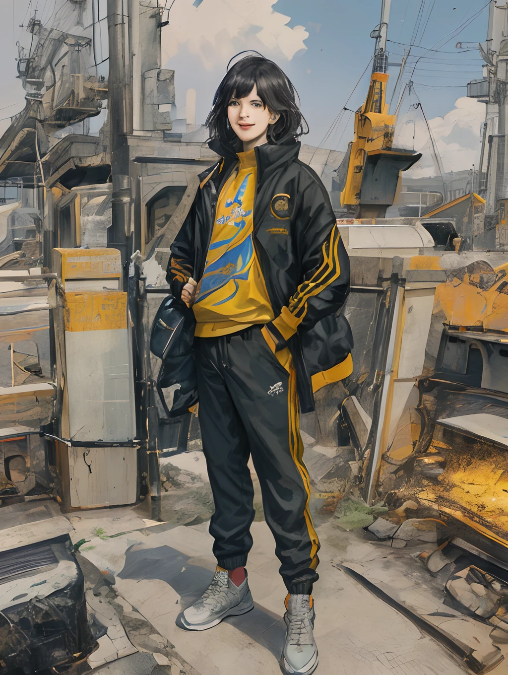 writer，teens girl，cabelos preto e longos，track suit，short man，Happy face