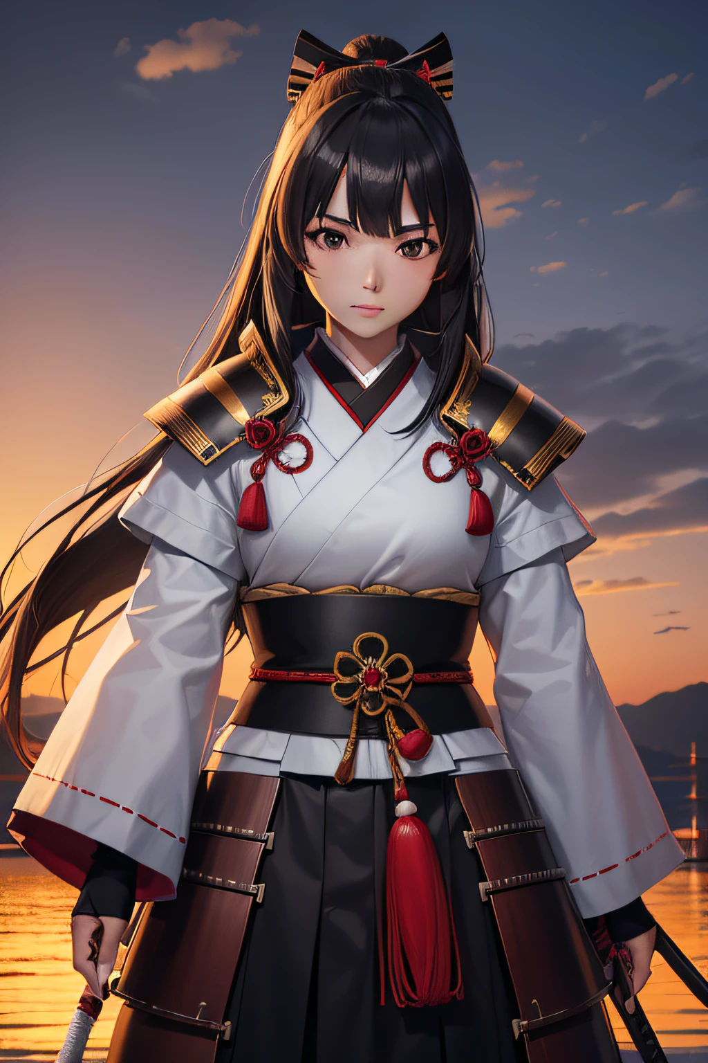 (8k, RAW , top-quality, hight resolution:1.2), (realisitic, 1.37) , A Japanese Lady, japanes, Beautiful fece, hime, A dark-haired, samurais, samurai armor, Warring states period, The upper part of the body, Nobunaga's ambitions