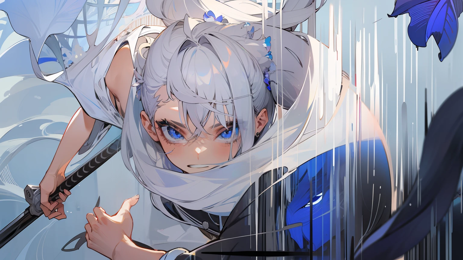 Melhor qualidade, extremely high-resolution, obra-prima,silver hair, Blue iris