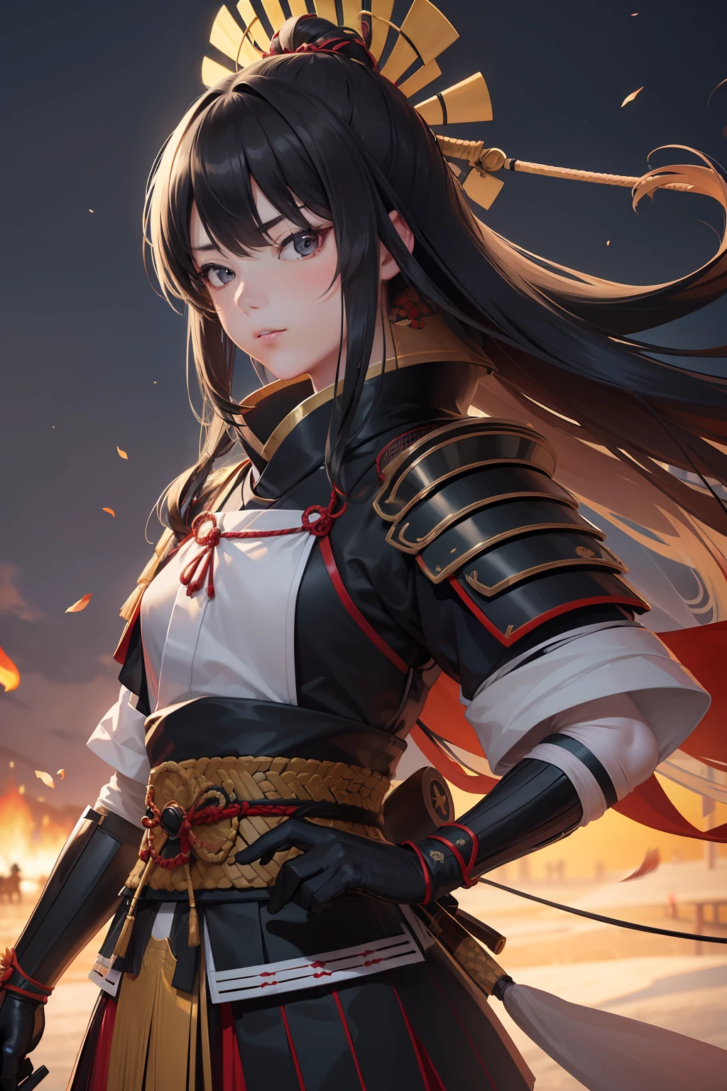 (8k, RAW , top-quality, hight resolution:1.2), (realisitic, 1.37) , A Japanese Lady, japanes, Beautiful fece, hime, A dark-haired, samurais, samurai armor, Warring states period, The upper part of the body, Nobunaga's ambitions