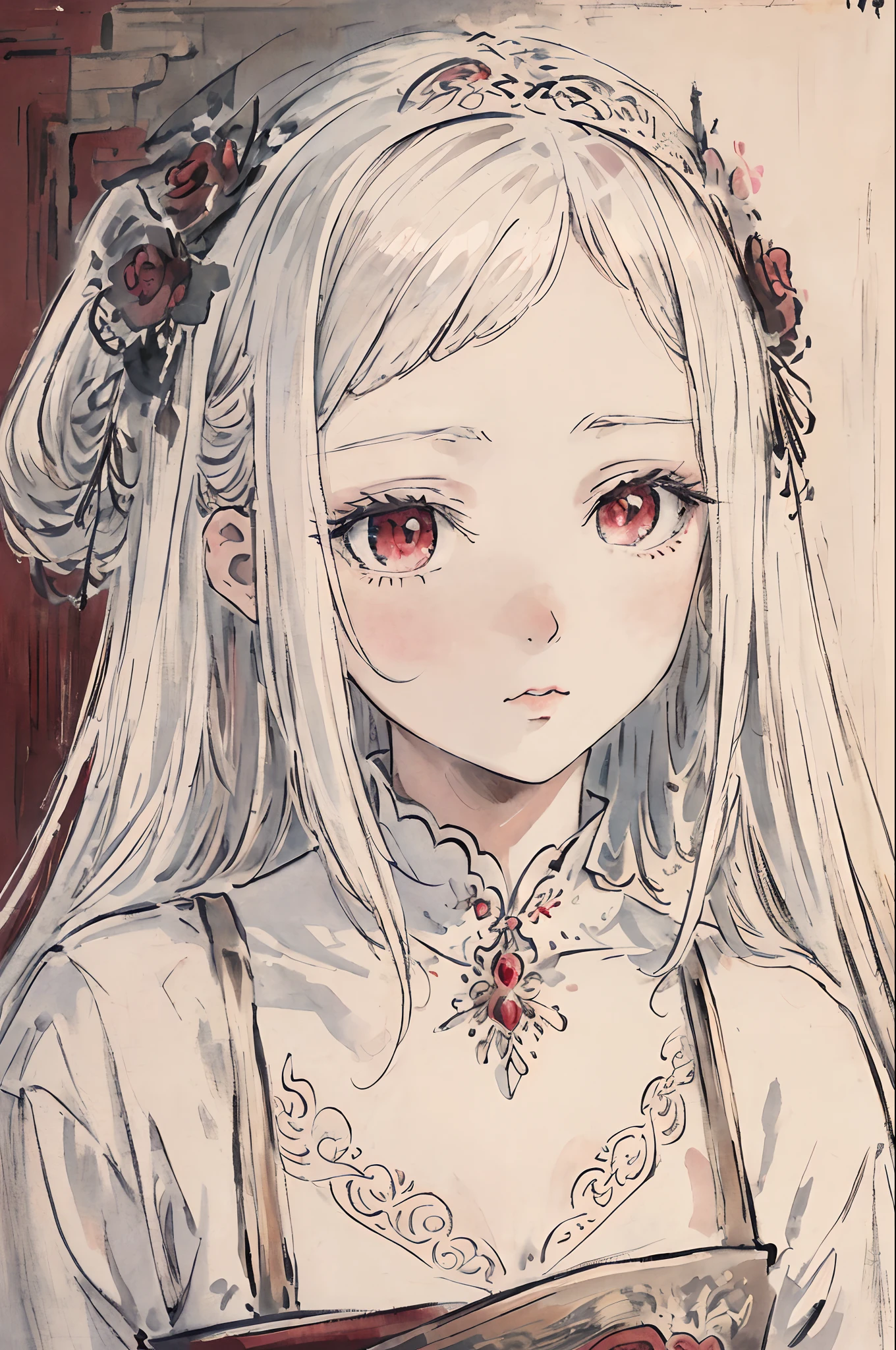 masterpiece, best quality, an extremely delicate and beautiful girl,an extremely delicate and beautiful, world masterpiece theater, ultra-detailed, highly detailed, best quality, white hair, highres, extremely detailed,1 girl, best quality, illustration, looking at viewer, impasto, canvas, oil painting, realistic, realist ,real, crimson eyes, Gothic loli