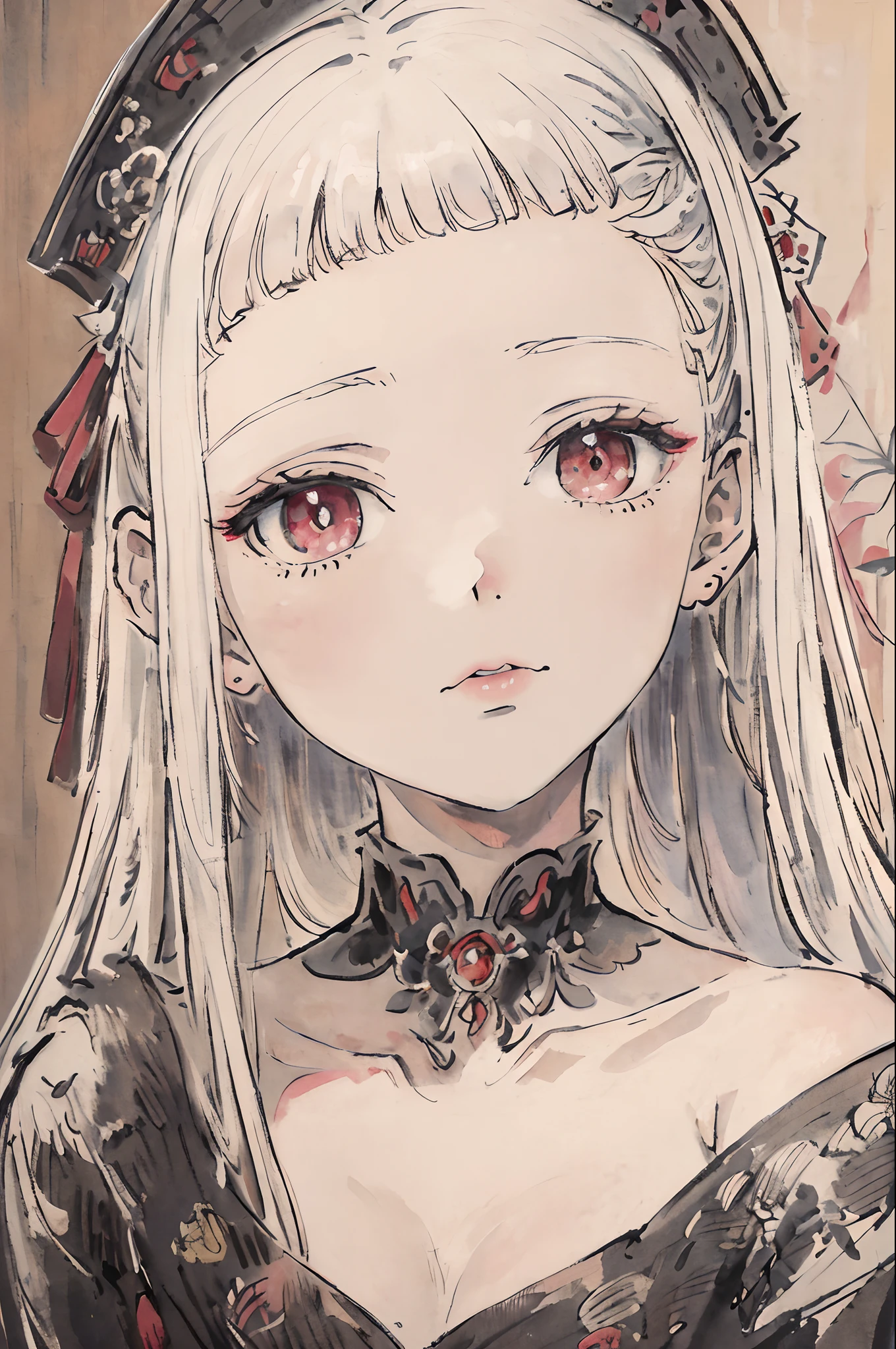 masterpiece, best quality, an extremely delicate and beautiful girl,an extremely delicate and beautiful, world masterpiece theater, ultra-detailed, highly detailed, best quality, white hair, highres, extremely detailed,1 girl, best quality, illustration, looking at viewer, impasto, canvas, oil painting, realistic, realist ,real, crimson eyes, Gothic loli
