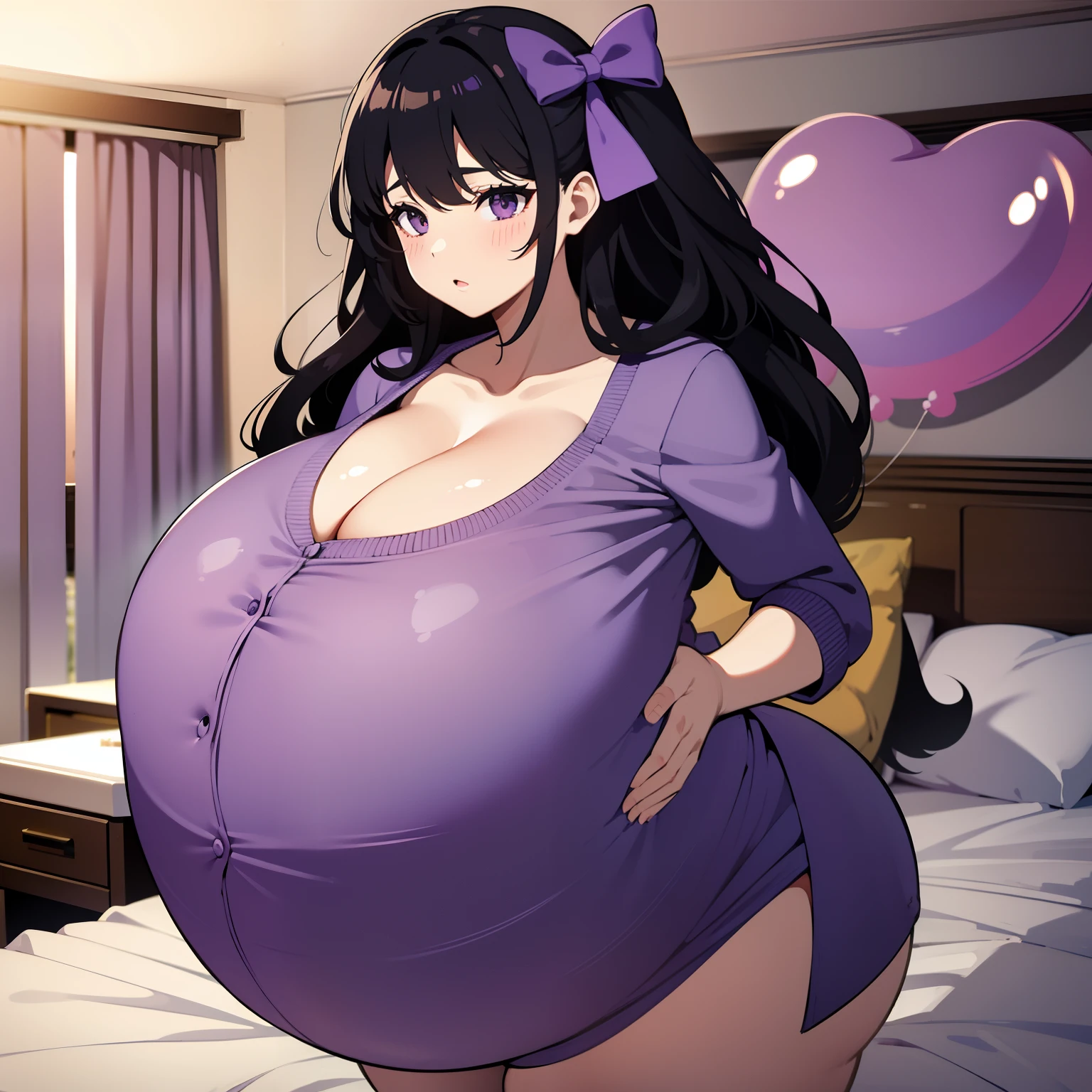 Hair Bow, black hair,Big Bump pregnant, Purple school uniform, Big boobs, nipple, cum, Big Black Balloons,16 yl, Big pregnant Belly, Big Pregnant girl, Largest Belly of Pregnant, Huge Pregnancy, background hotel room,Huge 9 months Pregnancy Belly, purple eyes