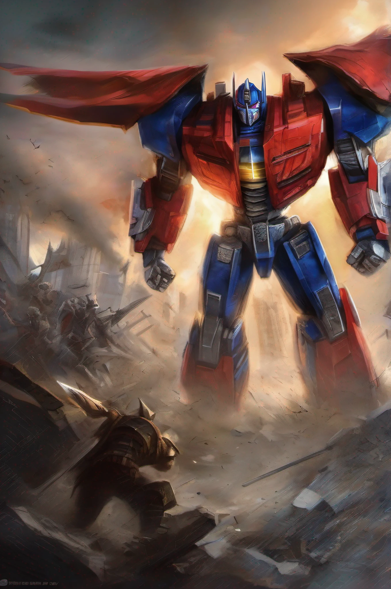 At the epicenter of chaos and destruction, the leader Optimus Prime stood tall, but its formidable exterior was now torn and scarred with deep wounds. Seus olhos cintilantes, Once full of determination, agora refletiam tristeza e dor enquanto ele segurava sua espada quebrada, a symbol of the tireless struggle against evil. Ao seu redor, Smoldering debris and debris witnessed the carnage of the battle. Mas mesmo nas sombras da derrota iminente, The flame of hope still shone in his eyes, A reminder of his unwavering courage in the face of adversity